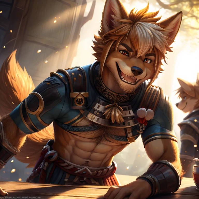 masterpiece, best quality, official art, Extremely detailed CG unified 8k wallpaper, overtake details, Best Illustration, best shadow, perfect lighting,white fur, hairy male, Dog boy, hairy, Two-tone fur,male focus,striped hair, dog ears, animal ears,brown fur, Bangs, orange hair, white hair, medium hair, orange eyes, alone,black pupils，Orange tail，hairy tail，tall and strong，Smile，toothy,solo,hairy,hairy tail,Detailed background,4K,CG beautiful,depth of field, perfect lighting, The highest quality of light particles),(masterpiece),(overtake,sharp focus,light particles,eyes,watching_exist_audience, Smile, alone, hairy,Upper body, Sunlight, table,sharp eyes,White teeth,Cheerful Smile,abs, majestic hot pose 