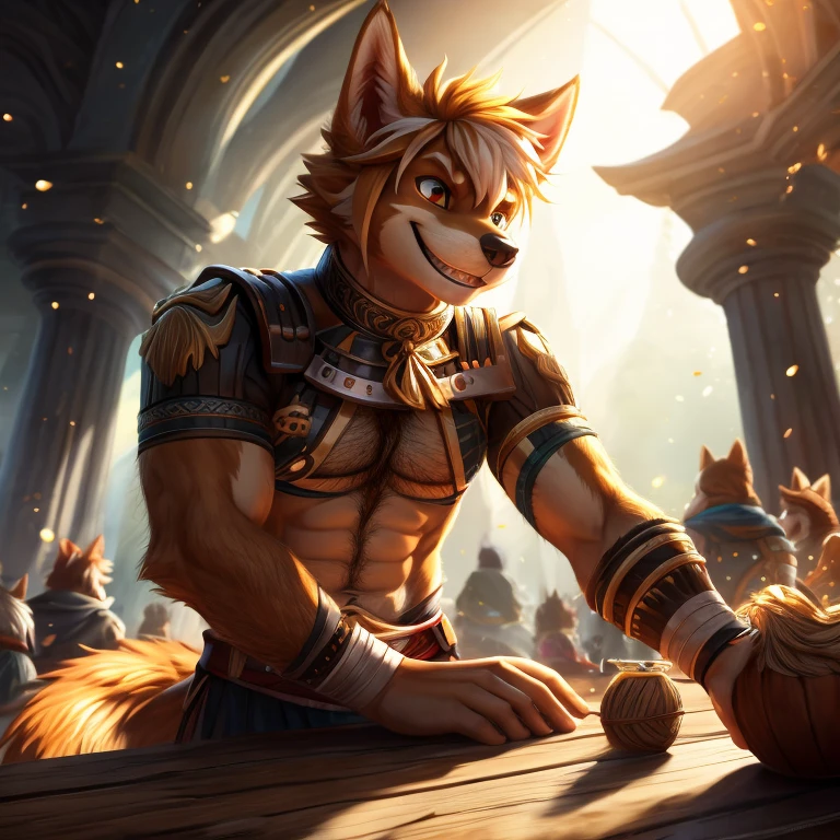 masterpiece, best quality, official art, Extremely detailed CG unified 8k wallpaper, overtake details, Best Illustration, best shadow, perfect lighting,white fur, hairy male, Dog boy, hairy, Two-tone fur,male focus,striped hair, dog ears, animal ears,brown fur, Bangs, orange hair, white hair, medium hair, orange eyes, alone,black pupils，Orange tail，hairy tail，tall and strong，Smile，toothy,solo,hairy,hairy tail,Detailed background,4K,CG beautiful,depth of field, perfect lighting, The highest quality of light particles),(masterpiece),(overtake,sharp focus,light particles,eyes,watching_exist_audience, Smile, alone, hairy,Upper body, Sunlight, table,sharp eyes,White teeth,Cheerful Smile,abs, majestic hot pose 