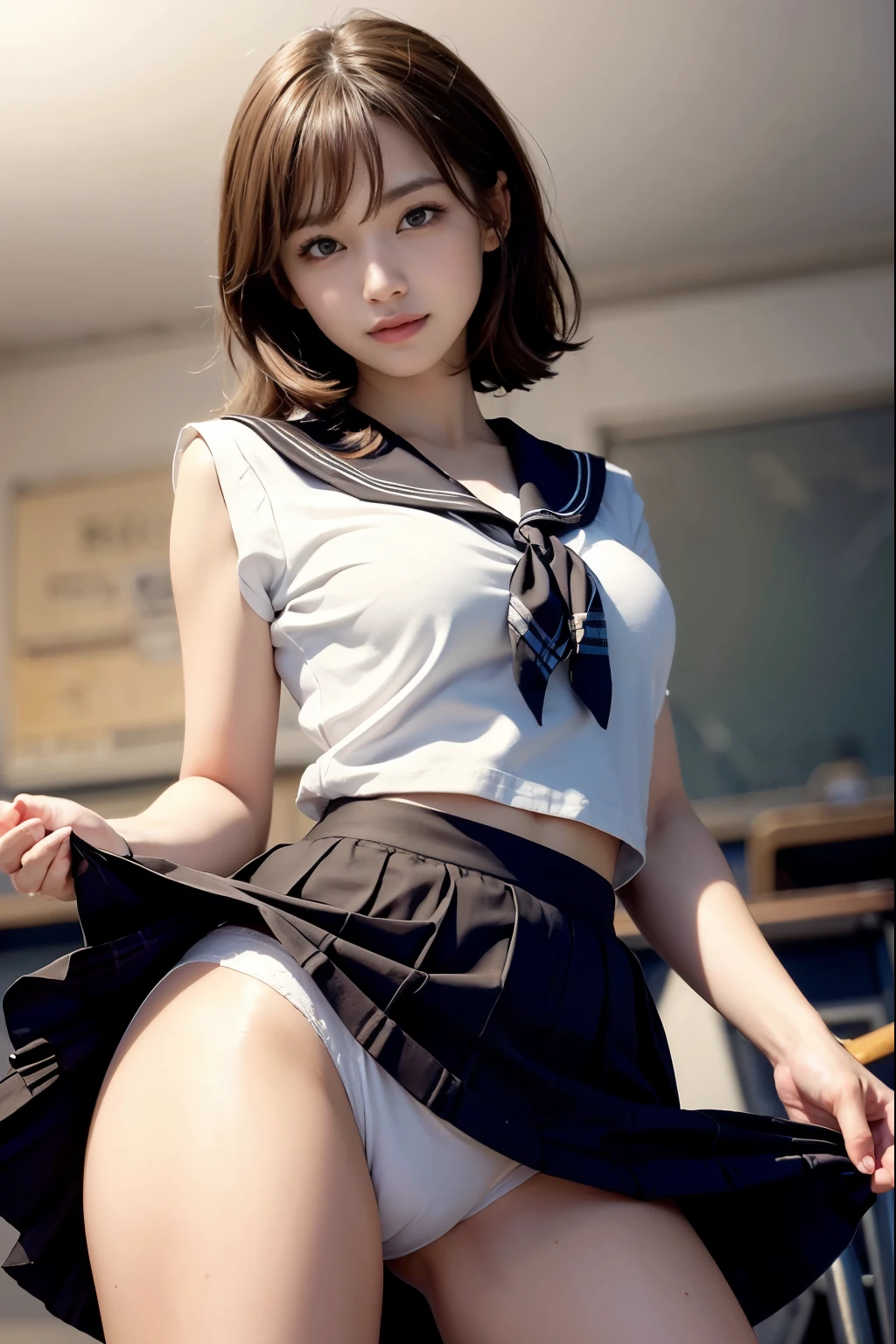 (reality: 1.4),highest quality, masterpiece, high detail, 16K quality, beautiful, 1 beautiful girl,japanese,super beautiful face,baby face,japanese idol face,cute face,super detailed face,detailed hand,beautiful skin,oily skin,big eyes,profeccional lighting,medium hair,black hair,brown beautiful eyes, big smile,standing, (skirt lift),big breasts,(sailor suit),(checked skirt),white panties,(showing panties),black high socks,spread legs, she is looking at the camera,classroom, nsfw,from below,