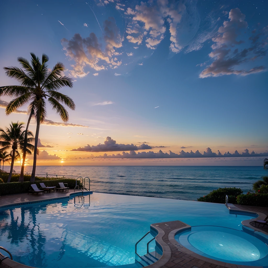 Beautiful sunset , day time,beautiful sky,beach back ground clearly water , Luxury 5 stars hotel,bigest pool,full of stars,fantasy