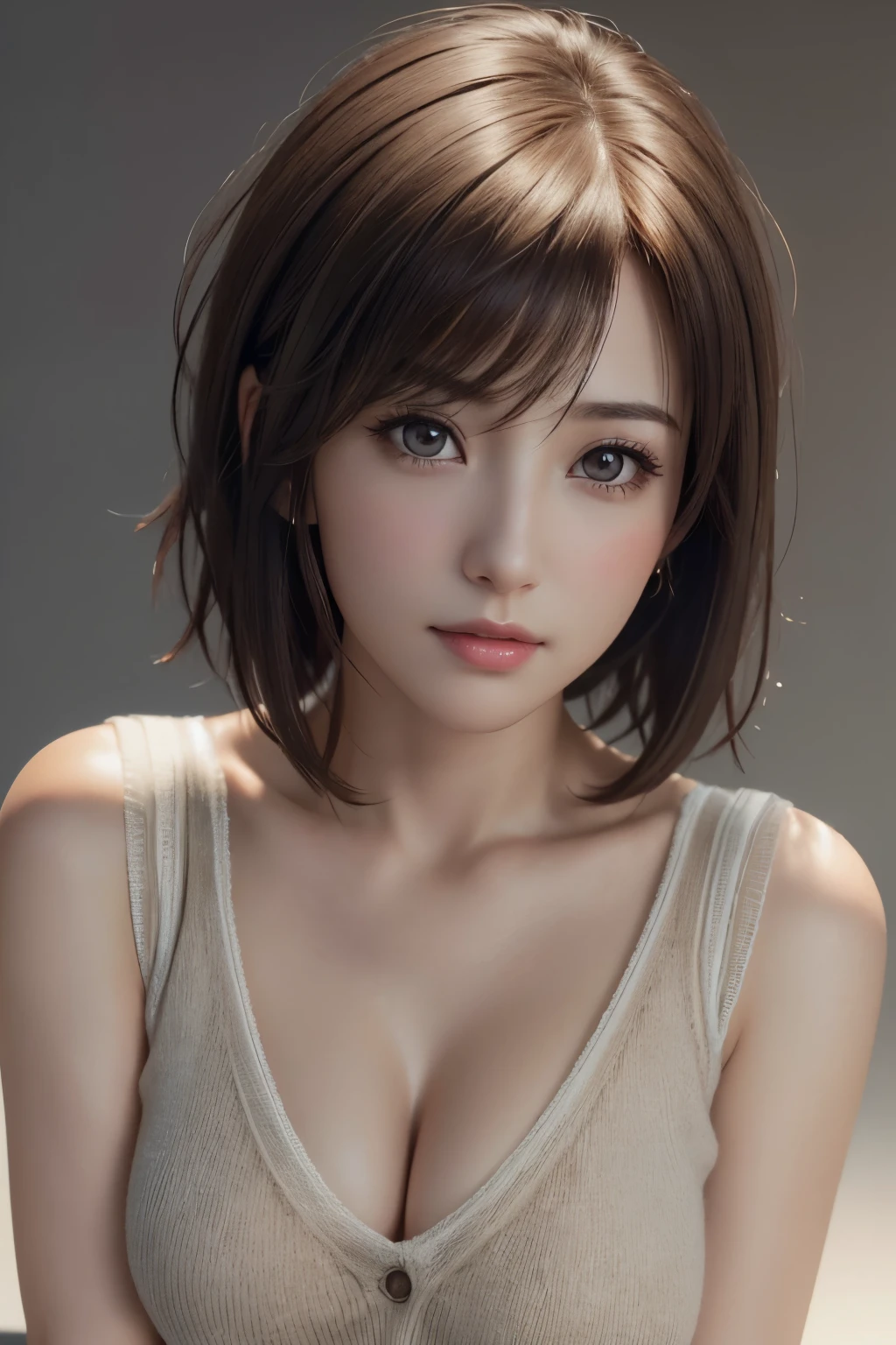 (Representative works:1.3)、(8K、realistic、Raw photo、best image quality:1.4)、(30 year old mature woman)、small face、beautiful face、(realistic face)、no makeup、natural makeup、light makeup、 (Dark brown、short hair:1.3)、beautiful hairstyle、realistic eyes、detailed and beautiful eyes、 (realistic skin)、beautiful skin、 (sweater)、small breasts、A-cup bust girl with small breasts、 confused、 charm、超High resolution、Super realistic、 High resolution、golden ratio、ff tifa、gray background、