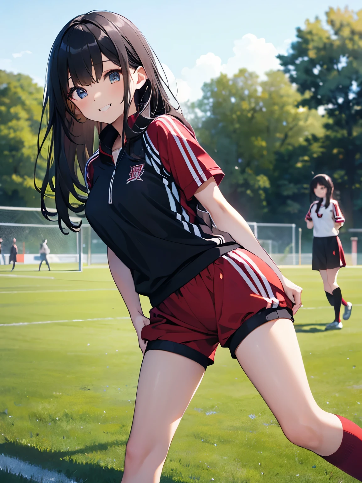8k, masterpiece, Very detailed, Schoolyard、Sports Fieldを走るBlack Hairの女子高生、Red tracksuit、,Black bloomers、 Sports Field,Outdoor, Black Hair、Medium Long Hair、smile、Beautiful breasts