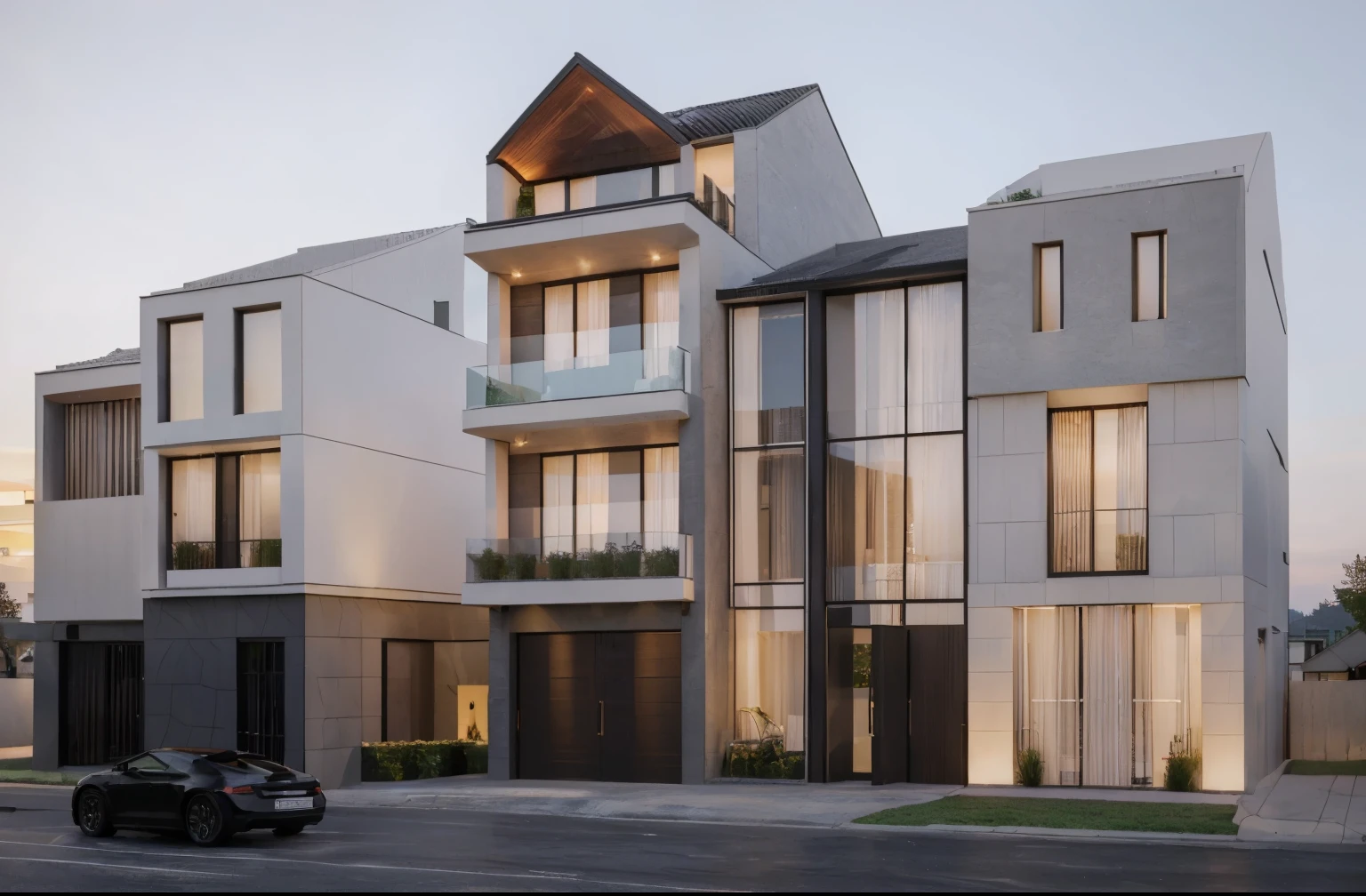 villa modern, night, Realistic, exterior, sunlight, house, the car on street in front of house, RAW photo, 8k uhd, dslr, (high detailed skin:1.3), soft lighting, ultra quality, film grain, Fujifilm XT3, sharp image, best quality, authentic, high quality,