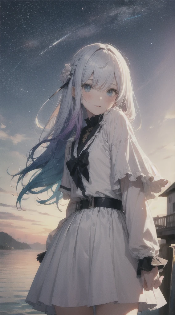 (Gradient Hair:1.6)、Dutch Angle、Starry Sky、masterpiece、highest quality、Raw photo、Photorealistic、Disorganized、1 girl、cute、perspective、Cowboy Shot、High Resolution、超detailed、detailed、detailed目と顔、sharp eyes、Realistic eyes、Sharp focus、summer、(white long dress:0.6)