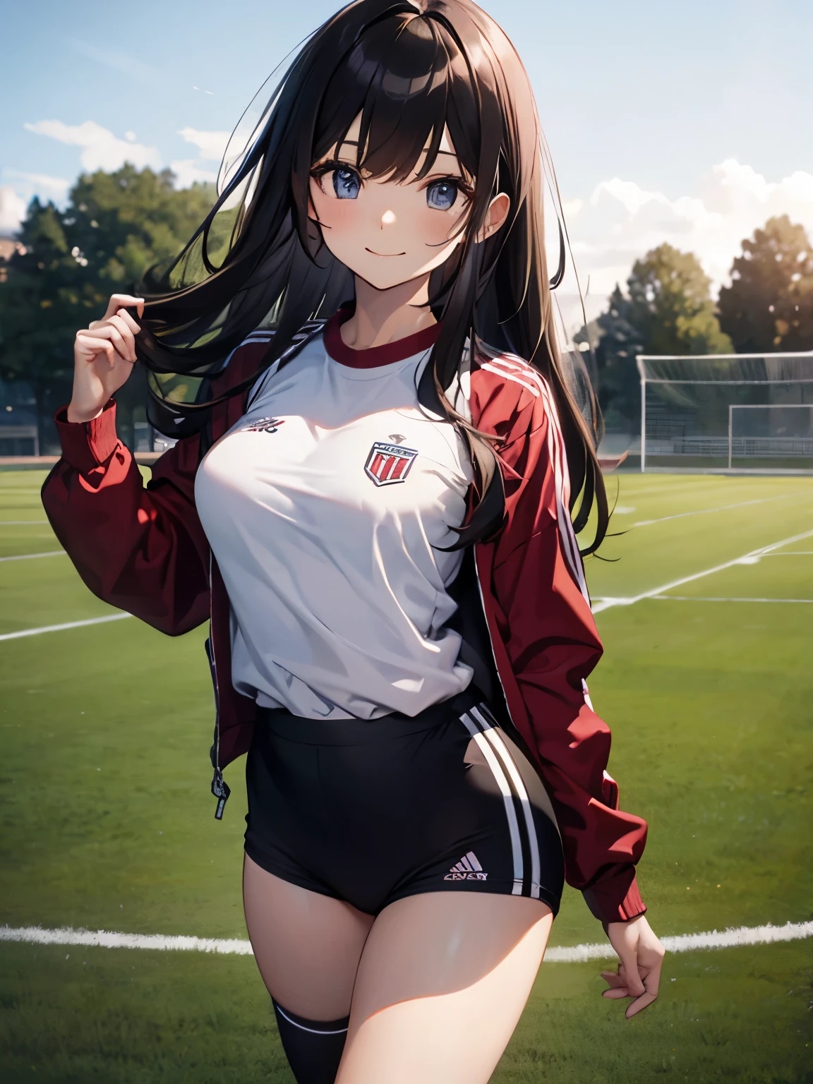 8k, masterpiece, Very detailed, Schoolyard、Sports Fieldを走るBlack Hairの女子高生、Red tracksuit、,Black bloomers、 Sports Field,Outdoor, Black Hair、Medium Long Hair、smile、Beautiful breasts
