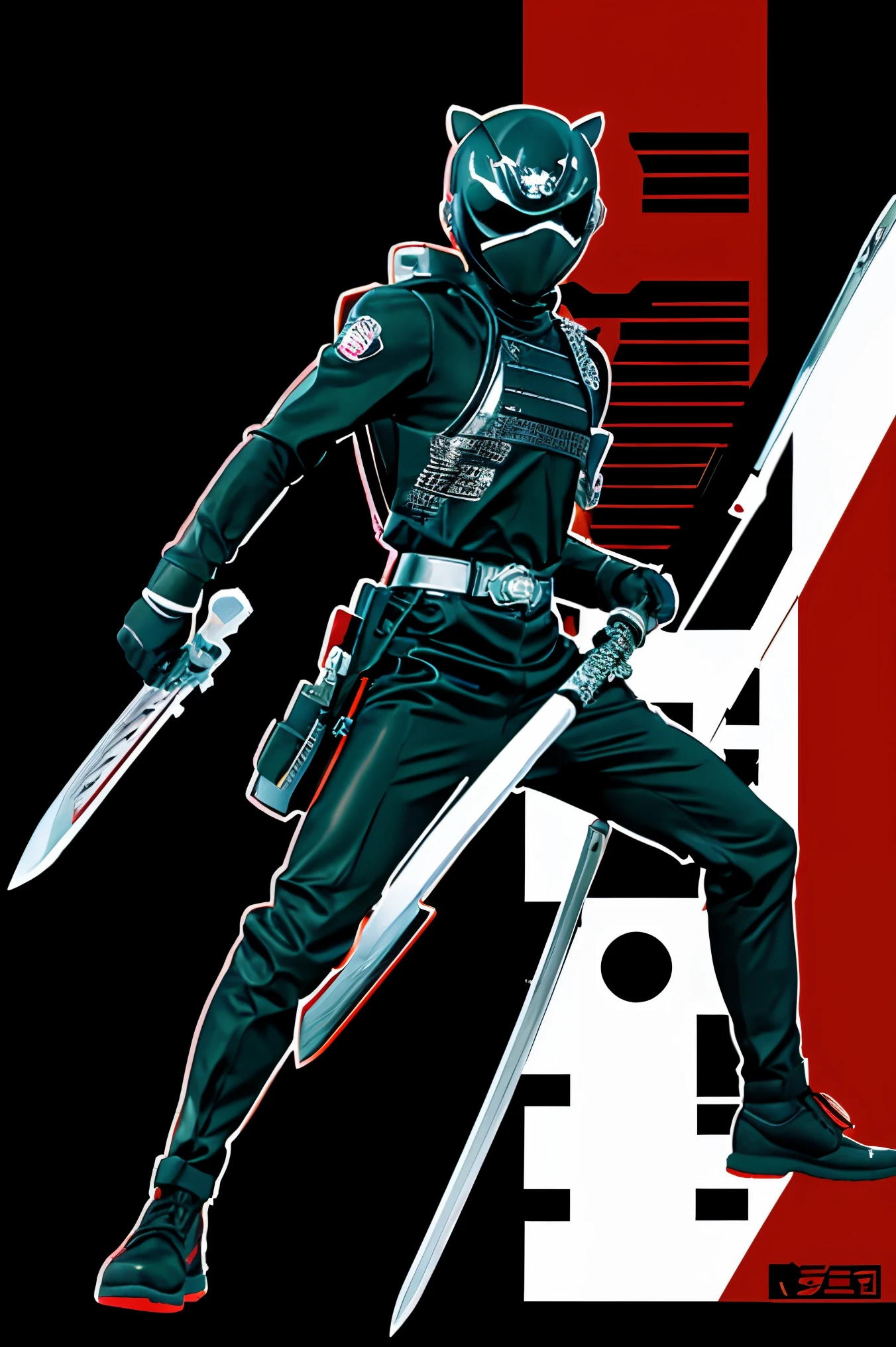 anime style illustration of techwear, cyborg ninja, holding a sword, wearing a mask, striking pose, all limbs appear in frame, japanese vibe, detailed design for streetwear and urban style t-shirt design, solid color background, etc pro vector