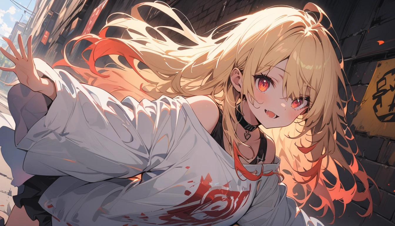 超8K  masterpiece, ((非常にdetailedな背景, Delicate pattern, 複雑なdetailed)), highest quality, 複雑なdetaileds, chromatic aberration, One girl, Long Hair, Blonde, Messy Hair, Red highlights, Hair on one eye, Sharp eyes, choker, Brick wall, graffiti, Dim lighting, alley, Oversized shirt,Off the shoulder, Sheer white shirt, masterpiece, highest quality、(highest quality、masterpiece、High resolution、detailed)Anime Style、flat style、(Shining Eyes、detailed美しい顔),  BREAK,Full Body、Dynamic Angles