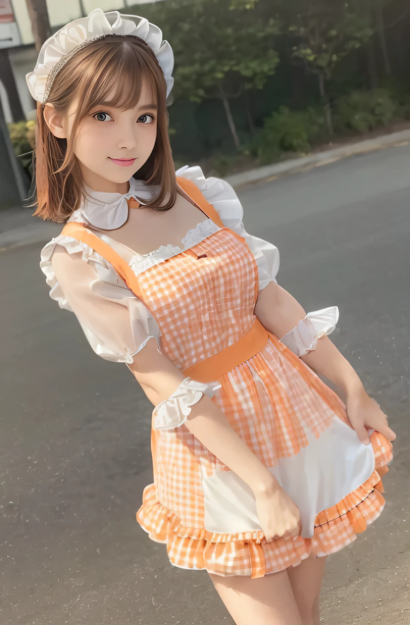 Very beautiful cute girl like an angel,14,
Beautiful attention to detail, 
Fine double eyelids,
(Big eyes:1.4),
Long, straight brown hair, 
See-through bangs,
Sharp focus,Small, straight nose,
Beautiful and exquisite face and eyes, 
Droopy eyes,
(Soft saturation: 1.3), (Fair skin: 1.2),break  (Red gingham maid costume :1.5),
(Clothing with highly reflective surfaces:1.5), walking,
Costume lighting,
On the street ,
(Brown Hair:1.3),(Gingham maid costume:1.5), (smile:1.4)