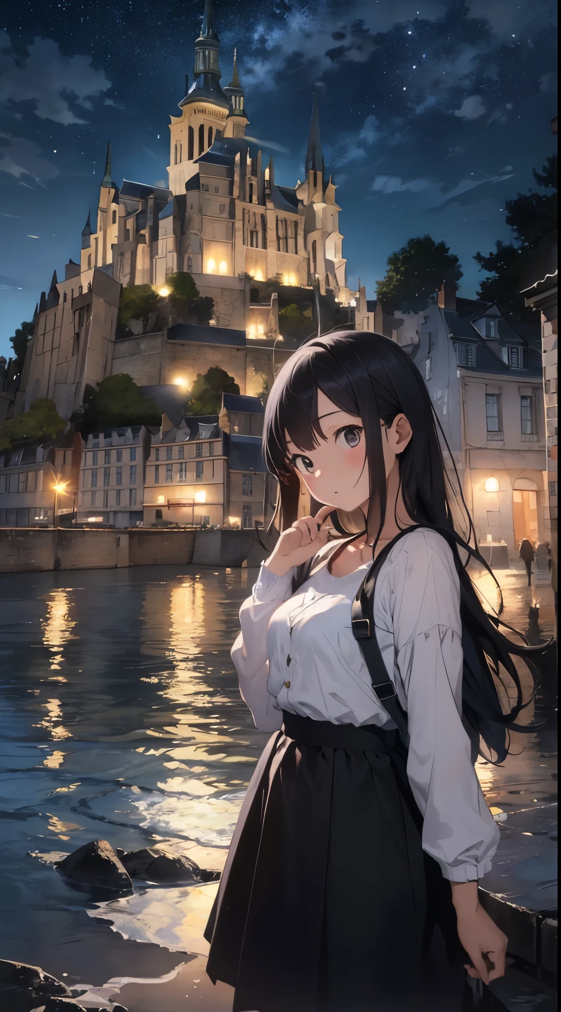 Create a masterpiece image set in Mont Saint-Michel and its bay at night。The scene is enveloped in the soft glow of moonlight、Cast long shadows、Illuminate the ancient architecture of the monastery。This girl is beautiful and adorable。She was exploring the historic site, wide-eyed in surprise。 She wears traditional costume and、The fabric is painted with maximum realism.、Different textures are emphasized。Her skin is also rendered in great detail、Captures subtle changes in texture and color。 The bay around her is calm and、The surface of the water plays the role of a mirror、It reflects the moonlight and the silhouette of Mont Saint-Michel。Delicately depicting the reflection of the water surface、Captures subtle ripples and play of light。 The girl was looking up at the camera curiously.、Gives the impression that the viewer is looking down on her。This sense of perspective is、It can be achieved using the fisheye effect to distort the image to create a wide panoramic or hemispherical view。 The overall quality of the image must be of the highest standard、Emphasis on enhancing the quality of details。The final artwork is、With the innocence of the girl、Mont Saint-Michel and its timeless beauty at night will be a celebration of the bay。
