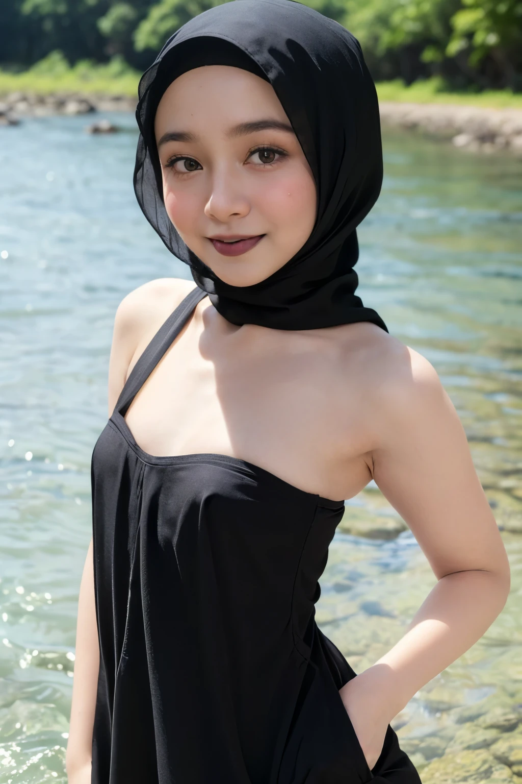 (strapless Colourful bra, (floral pattern), ((Happy Smile)), Naked singlet (((HIJAB MALAY GIRL))), masutepiece, High quality, UHD 32K, Realistic face, Realistic skin feeling , A Japanese Lady, 8 , , Very cute and baby-like face, (((FLAT CHEST))), (MATRIX WORLD), ((look In front  at the camera and SADNESS)), ((())), (((CUTE GIRL))), ((BLACK LIPS)), ((CHUBBY)), (undress, at river,