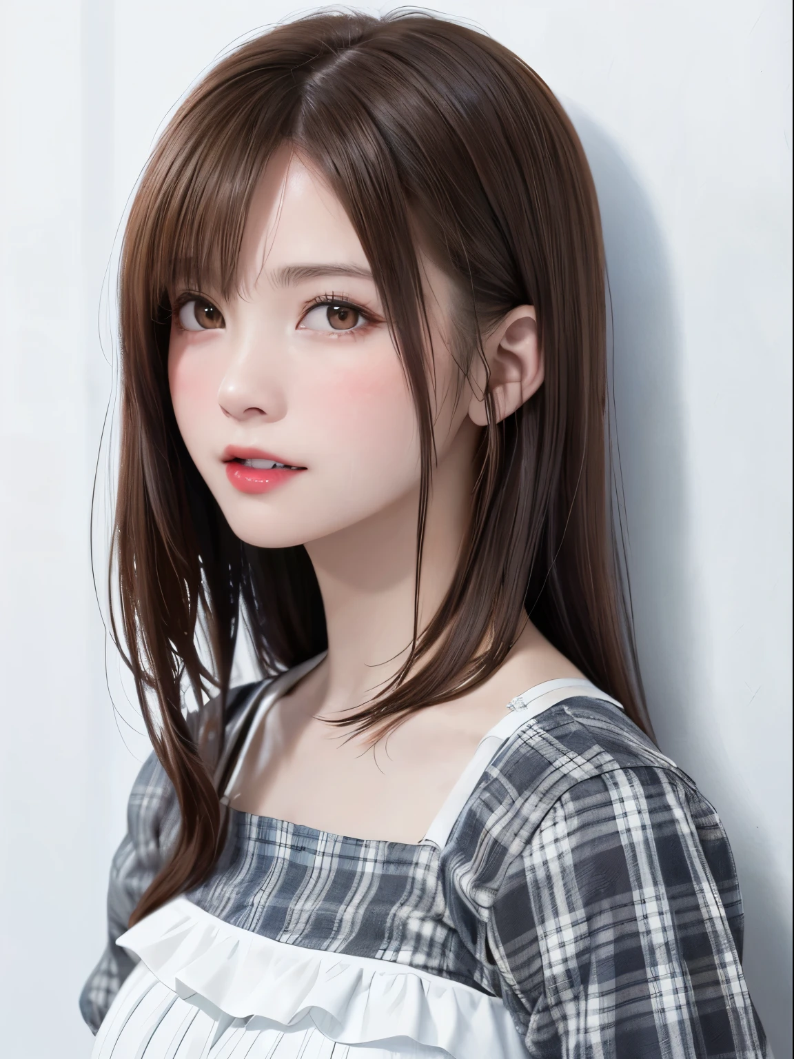 (highest quality、8k、32k、masterpiece、Hmph:1.2)、(Raw photo)、(Realisticな)、(Photorealistic:1.2)、(High resolution)、Ultra-detailed、Very beautiful face and eyes、One Girl、Round and small face、Big breasts and small waist、Delicate body、(Close-up、highest quality、Attention to detail、Rich skin detail、Hmph)、(highest quality、8k、Oil paint:1.2)、Very detailed、(Realistic、Realistic:1.37)、Vibrant colors、(((Blushing cheeks)))、(((Woman&#39;s face)))、(((Double Peace)))、(((Light brown hair)))、(((Fold your arms in front of your chest)))、(((LOL)))、(((Teeth are visible)))、(((full body shot)))、(((White background)))、((lob hair))、(((Pure white wall background)))、(((She is wearing white and grey checked underwear.)))、(((Pure white wall background)))、(((bra with ruffles)))