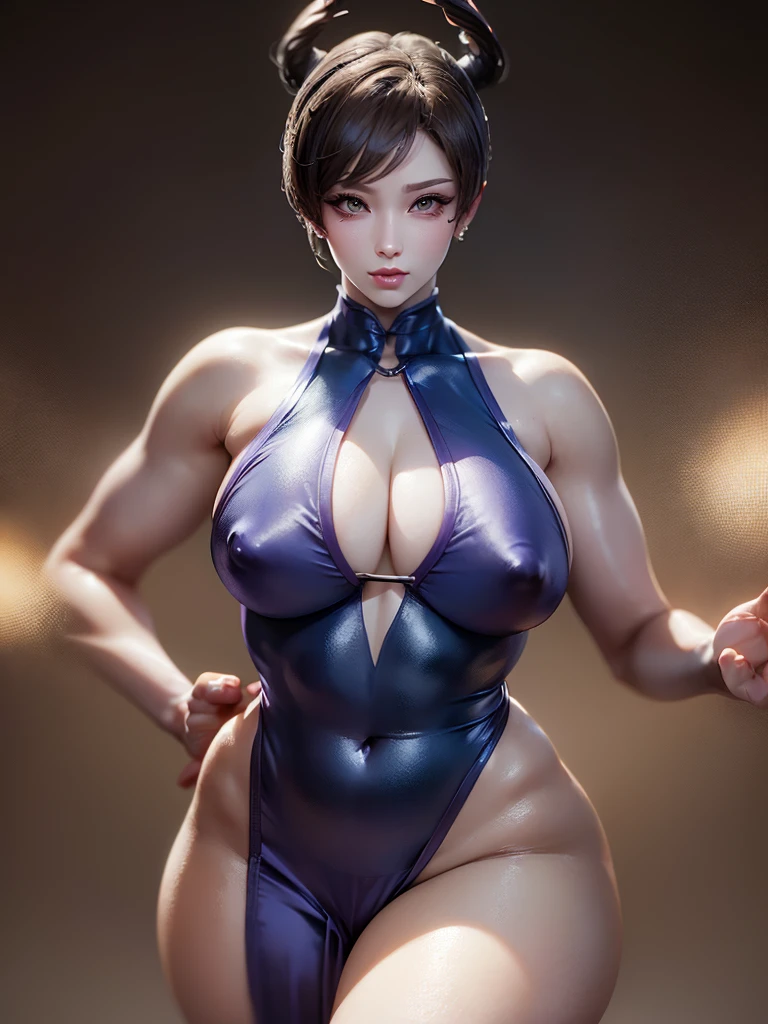 Crie uma obra-prima hiper-realista de Chun-Li sexy, the iconic character from the sixth Street Fighter game. Capture your dynamic fighting stance and powerful kicks with exquisite detail. (roupa sexy, erotic costume, xota marcada, seios grandes, seios naturais  grandes, decote impressionante, open neckline to the abdomen, close-up nos seios cheios dela,  chun-li gostosa erotica)« The image must be in high definition (hard disk) and rendered in stunning 8K resolution, mostrando todos os recursos e texturas intrincados. Pay special attention to the fine details of Chun-Li's costume, incluindo seu micro vestido qipao tradicional e penteado de chifre de boi exclusivo. Use dramatic lighting to increase the intensity of the scene, emphasizing your strength and determination. This photographic request aims to immortalize Chun-Li as a true work of art, mostrando sua beleza seu corpo malhado e gostosa, Grace and prowess in the martial arts. Pornographic Images