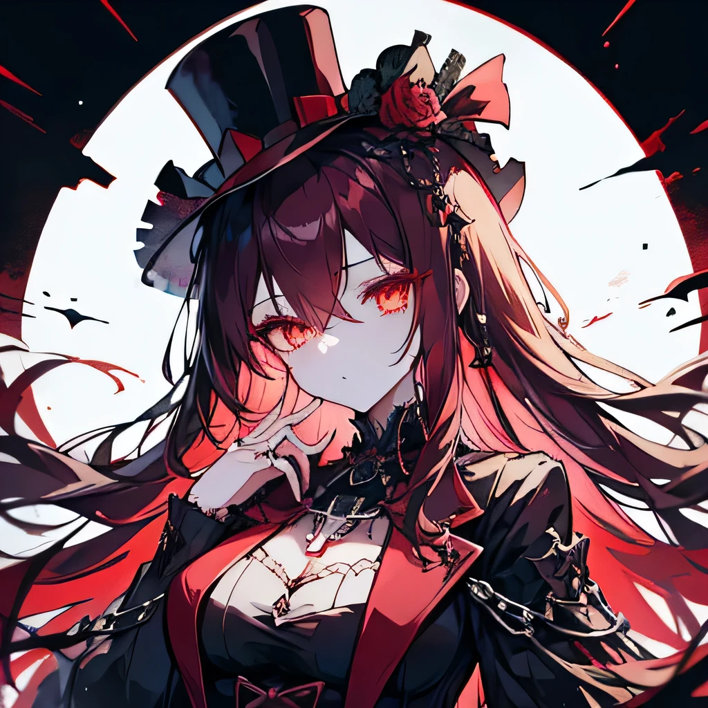 Bloody Girl,Crimson gradient hair,red moon,Blood Magic,Gothic,Skyscraper,chain,Gothic Clothing,Cross necklace,ring,Top Hat