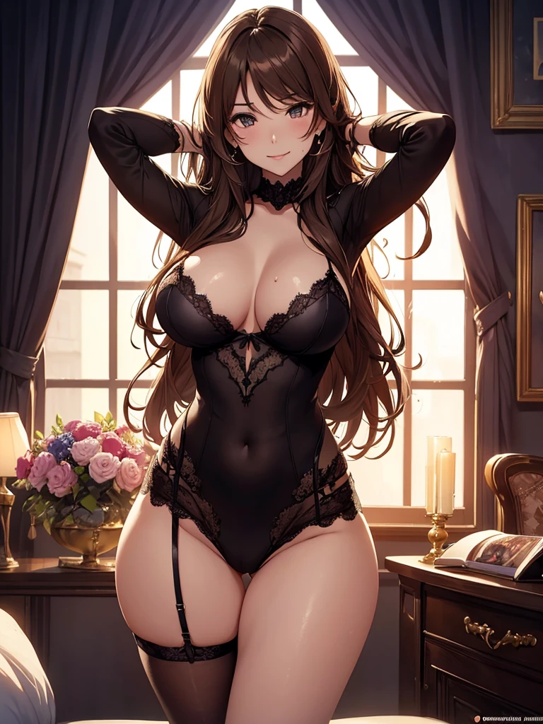 Beautiful beauty、Femme fatale、Mine Fujiko、elegant、low angle、Beautiful eyes、Erotic atmosphere、beautiful underwear、 cowboy shot,Front symmetry、flower、brown hair、sexy、Sweat、A friendly smile、Hotel room、Fantastic Light、mysterious light、Rembrandt Light Magical Gentle Light 、starrynight,Full body stockings、translate bodystocking,Big Breasts、Bust 90、detailed groin、Raise your arms and fold them behind your head、Starry Sky、beautifulstarrynightnight view、Beautiful decoration、舞い散るflowerびら、ART、UHD、highest quality、masterpiece、