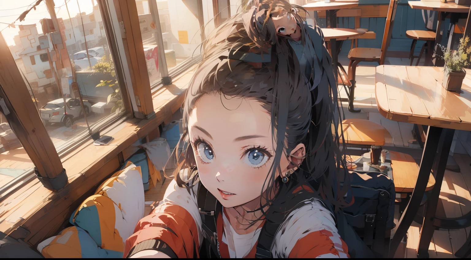 ((1WOMAN:1)),((TAKING-A-SELFIE:1)),((HIGH-ANGLE-VIEW:1.2)), IN A CAFE, ((AESTHETIC:1)), ((SHORT-PONYTAIL:1))