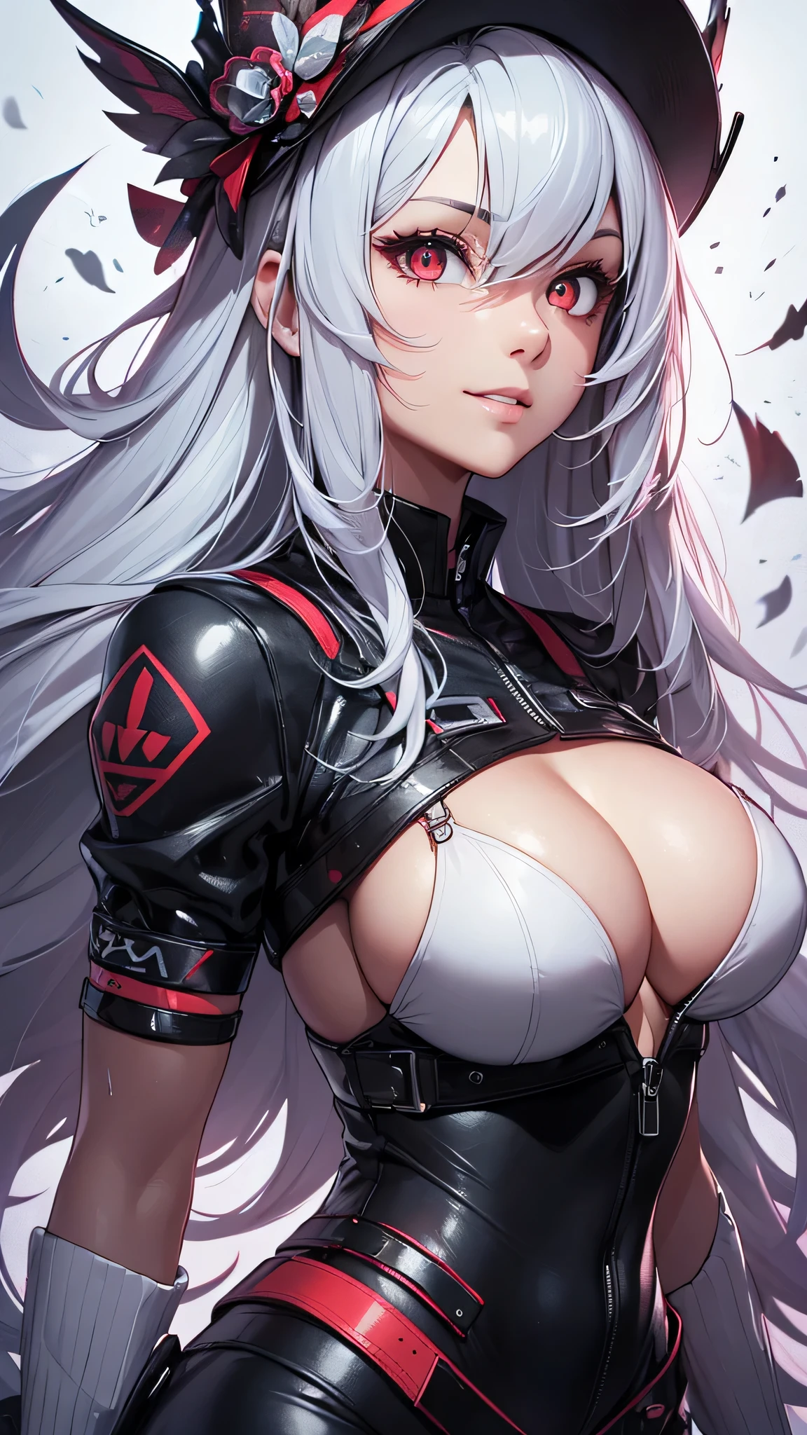 最high quality、Best image quality、masterpiece、girl((20-year-old、 By becoming、Best Bust、Medium Bust,Wide open breast tea、red glowing eyes,Silver Hair、Disheveled Hair、Long Hair、thin,The highest valley、Open chest、White wristband、smile、hair ornaments、Sports Cap、Many accessories、Diamond Ninja Suit、Fighting Pose)),high quality、Beautiful art、background((Dark world))、Flight、Flying debris、Written boundary depth、movie、Visual Arts、Perfect art、8K,Genuine、