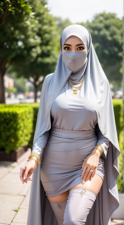 RAW, Best quality, high resolution, masterpiece: 1.3), beautiful Malay woman in veil hijab, Masterpiece, perfect slim body, big breasts, beautiful big eyes, Soft smile, wearing a gold lingerie, thigh high stockings, silver high heels, necklace, walking around evening, City park, Great lighting, Bright colors, Bright lines