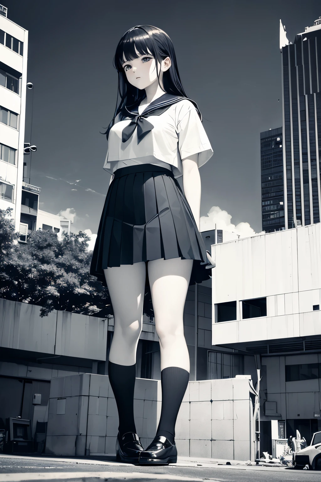A high school girl bigger than a building crushes a building, wearing a Japanese sailor suit, with a navy pleated skirt, from the perspective of a citizen, looking up from below, glaring at the citizens beneath her feet, a masterpiece, high definition, special effects,