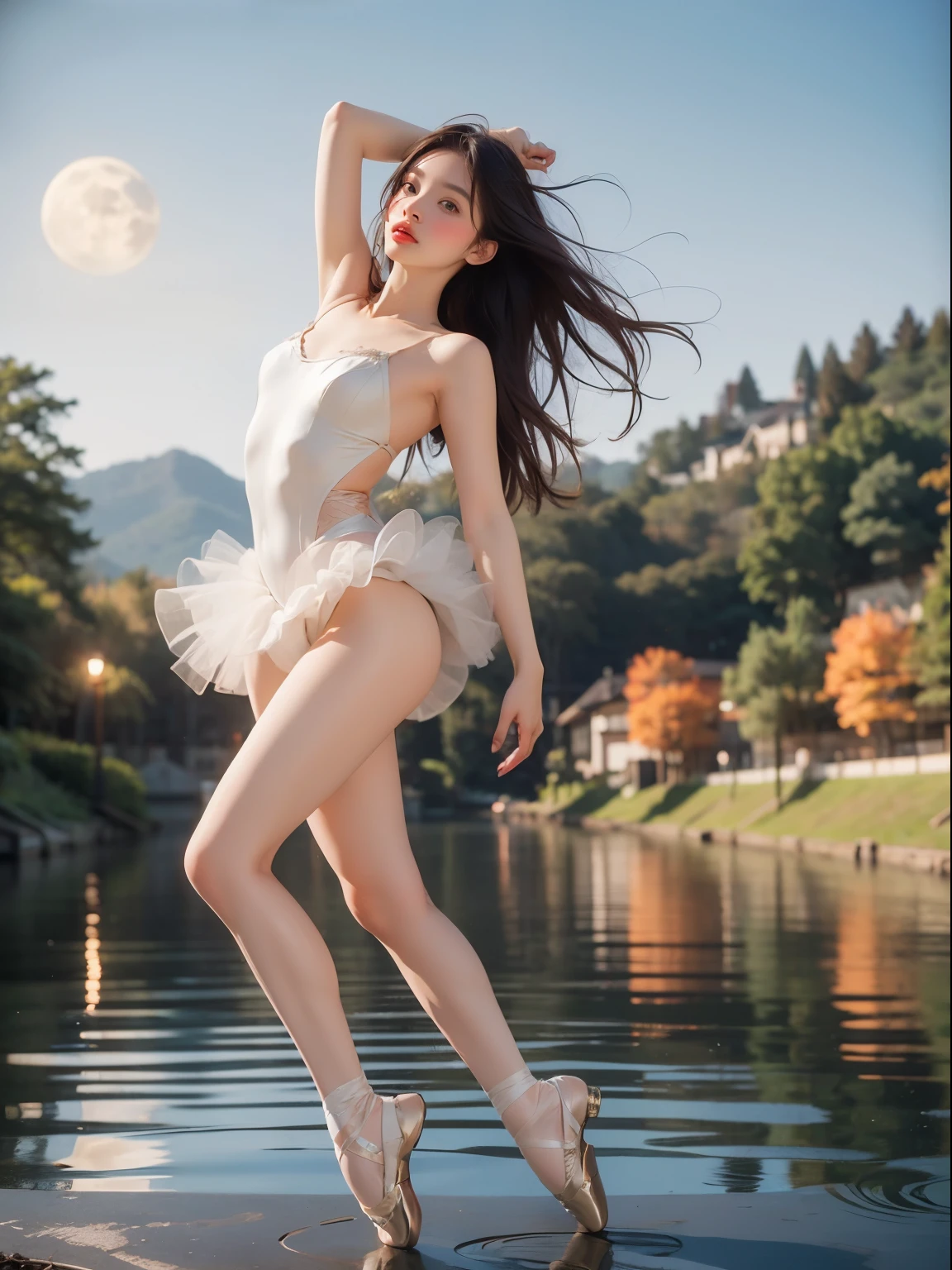 fancy, high quality, 8K, realistic,photo realistic,RAW photos,photography,high resolution, ultra high definition, best quality,dramatic lighting, glitter effect, from below, midnight, moon, ballet、Swan Lake、lake in deep forest、whole body,break,
A prima donna girl gracefully dances ballet in the moon on a mysterious lake.、Arabesque pose、、1 girl、((Luxurious and delicate white tutu)),semi long hair,black hair,black eye、beautiful feet、ballet pointe shoes, Peeking from below、straddle the camera、