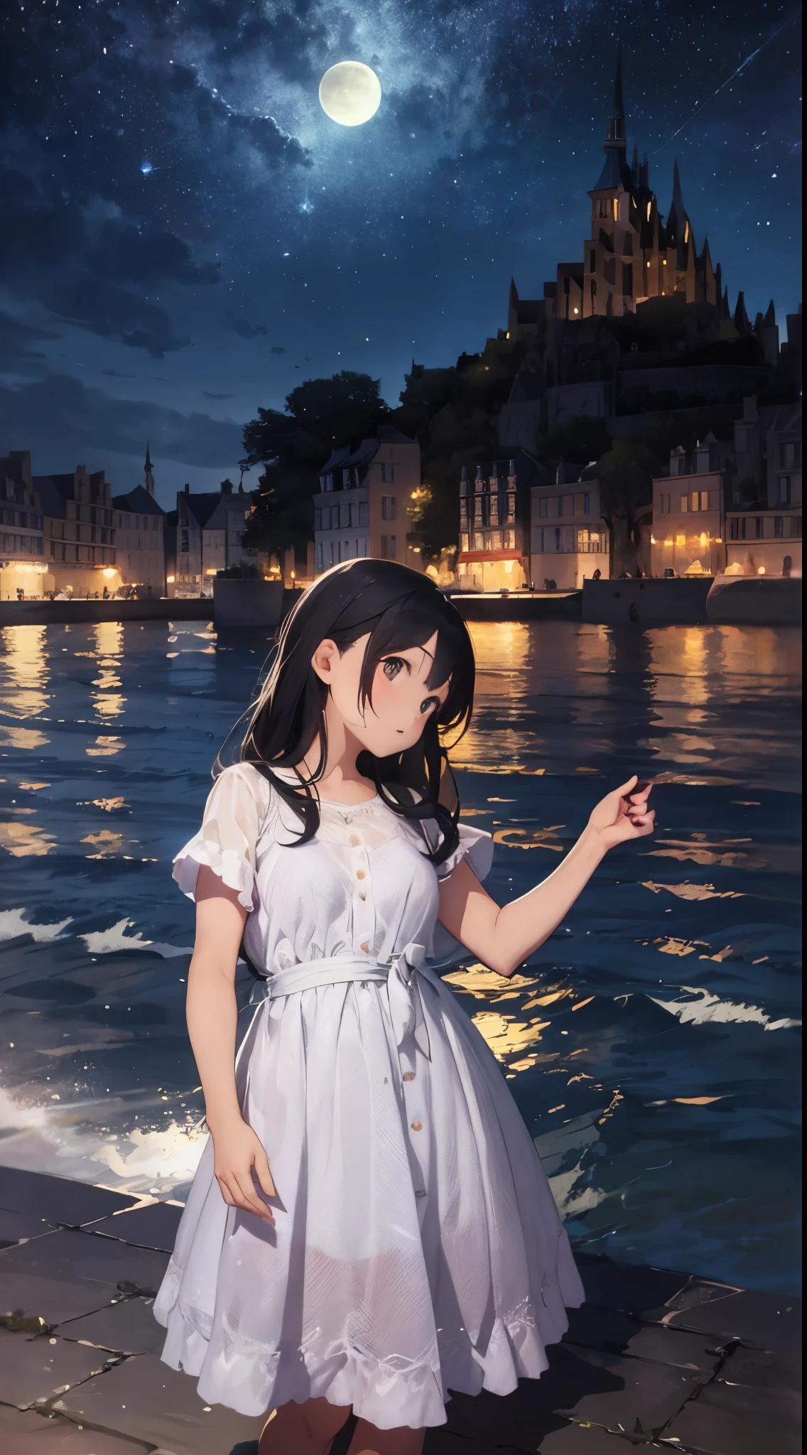 Create a masterpiece image set in Mont Saint-Michel and its bay at night。The scene is enveloped in the soft glow of moonlight、Cast long shadows、Illuminate the ancient architecture of the monastery。This girl is beautiful and adorable。She was exploring the historic site, wide-eyed in surprise。 She wears traditional costume and、The fabric is painted with maximum realism.、Different textures are emphasized。Her skin is also rendered in great detail、Captures subtle changes in texture and color。 The bay around her is calm and、The surface of the water plays the role of a mirror、It reflects the moonlight and the silhouette of Mont Saint-Michel。Delicately depicting the reflection of the water surface、Captures subtle ripples and play of light。 The girl was looking up at the camera curiously.、Gives the impression that the viewer is looking down on her。This sense of perspective is、It can be achieved using the fisheye effect to distort the image to create a wide panoramic or hemispherical view。 The overall quality of the image must be of the highest standard、Emphasis on enhancing the quality of details。The final artwork is、With the innocence of the girl、Mont Saint-Michel and its timeless beauty at night will be a celebration of the bay。