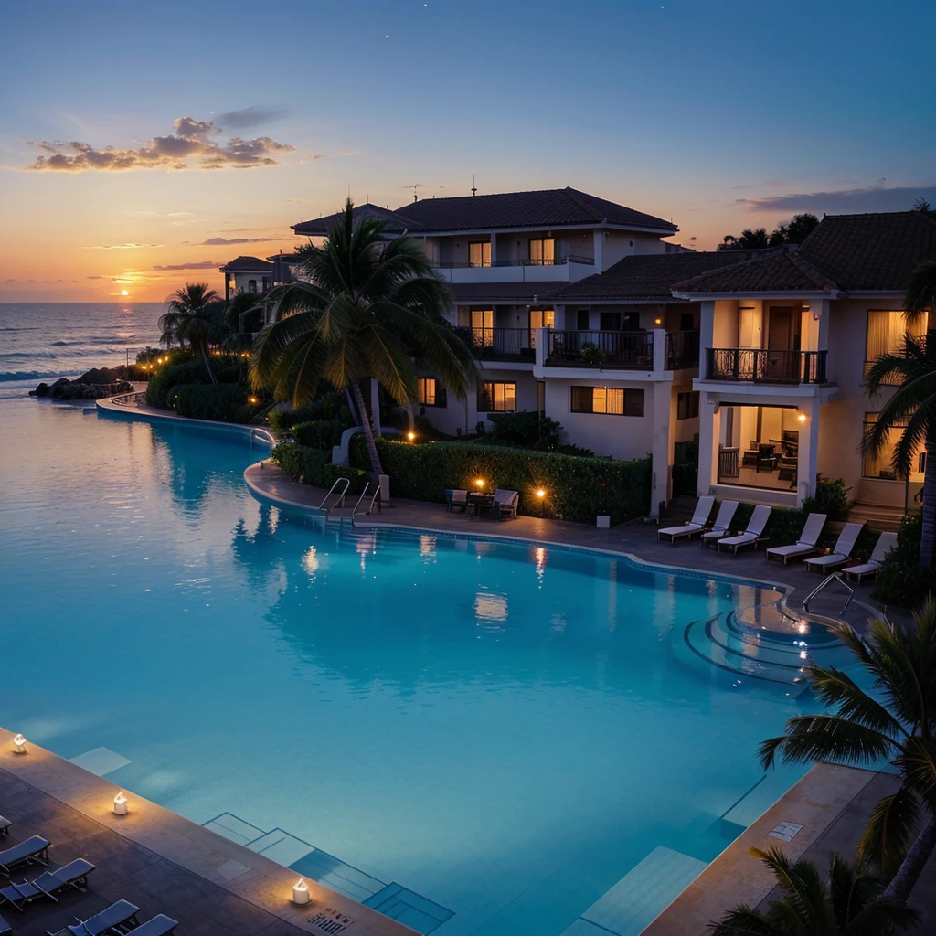 Beautiful sunset , day time,beautiful sky,beach back ground clearly water , Luxury 5 stars hotel,biggest pool,full of stars,fantasy