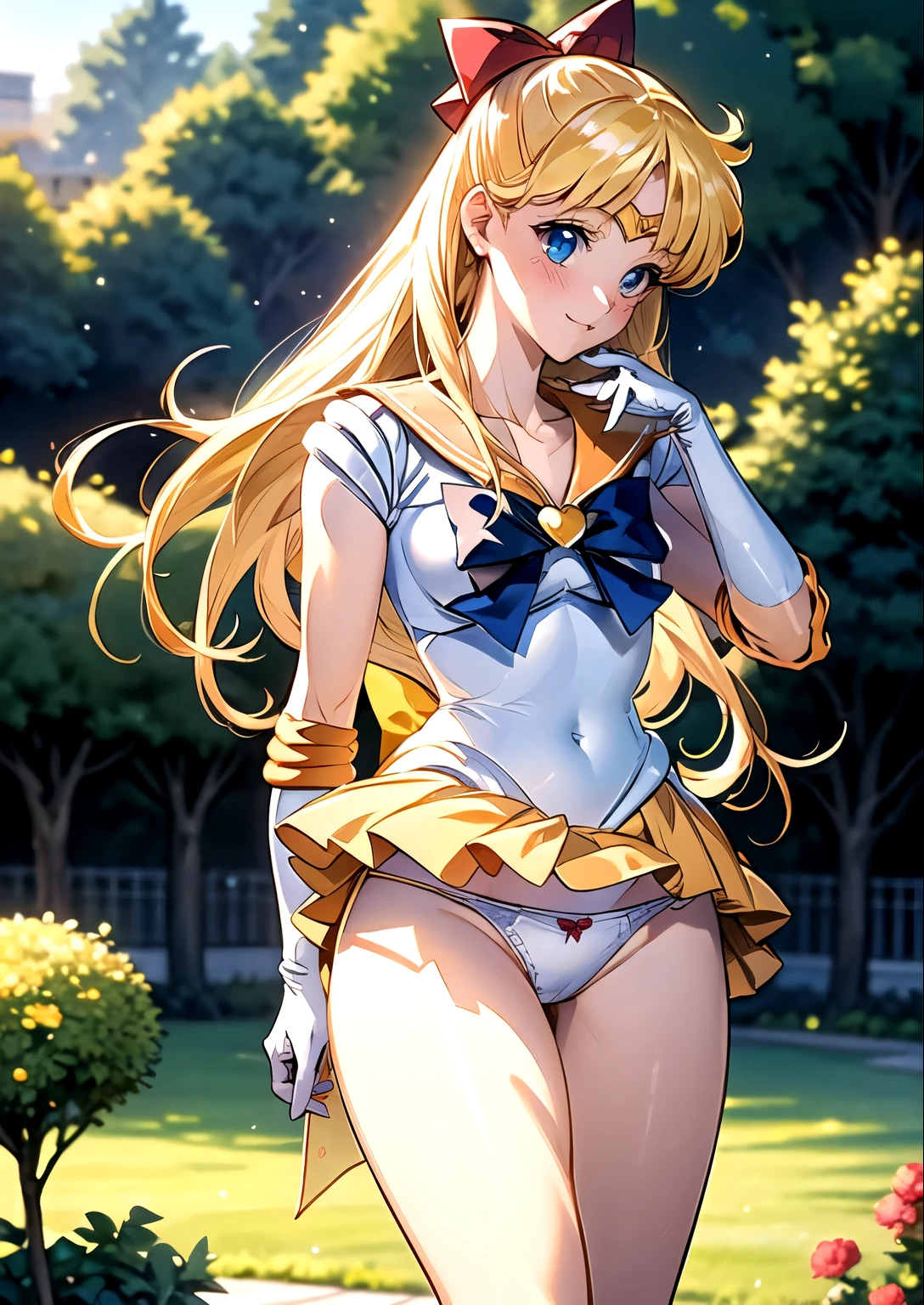 ((Sailor Venus:1.3)), ((Yellow mini skirt:1.3)), ((Red ribbon in hair:1.5)), ((highest quality, High resolution, Hmph, Perfect Pixel, 16K, Hmph, Hmph))), One Girl, single, alone, Beauty、((The whole body is visible:1.5))、((Detailed face, Blushing:1.2)), ((Smooth texture:0.75, Realistic texture:0.65, Realistic:1.3, Anime CG Style)), Medium chest, Dynamic Angle, Perfect body,garden、Very embarrassing panic smile、、Angle from below, Thick lips, ((Showing panties:1.3)), Perfect Fingers According to Human Anatomy:1.5