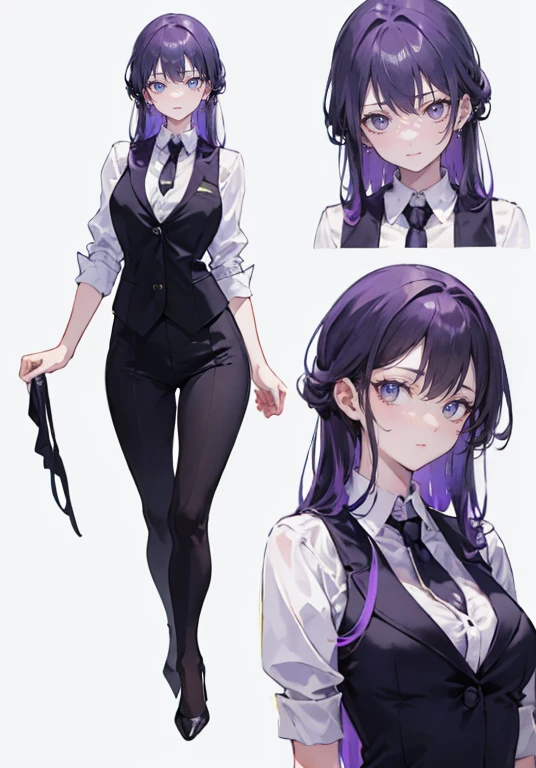 ((Perfect Face)),Purple Hair,voluminous long hair,1 female,bartender,suit,Black vest,Shirt with rolled up sleeves,tie,slit,High heels,,((Simple Background)),smile,((whole body)),((whole body)),Portraiture,virtual,upright,,Both arms are down,Standing upright with face and body facing forward,