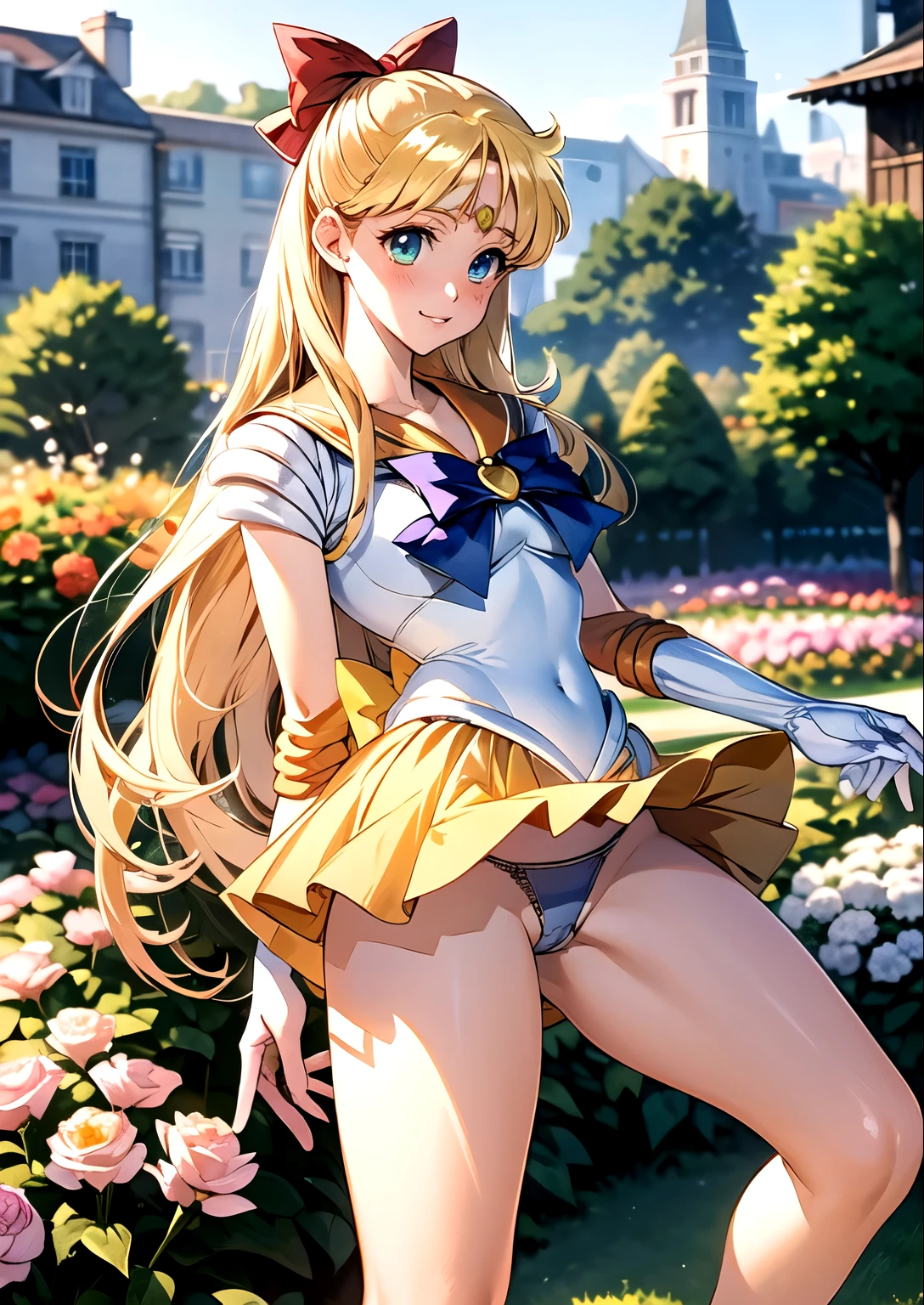 ((Sailor Venus:1.3)), ((Yellow mini skirt:1.3)), ((Red ribbon in hair:1.5)), ((highest quality, High resolution, Hmph, Perfect Pixel, 16K, Hmph, Hmph))), One Girl, single, alone, Beauty、((The whole body is visible:1.5))、((Detailed face, Blushing:1.2)), ((Smooth texture:0.75, Realistic texture:0.65, Realistic:1.3, Anime CG Style)), Medium chest, Dynamic Angle, Perfect body,garden、Very embarrassing panic smile、、Angle from below, Thick lips, ((Showing panties:1.3)), Perfect Fingers According to Human Anatomy:1.5