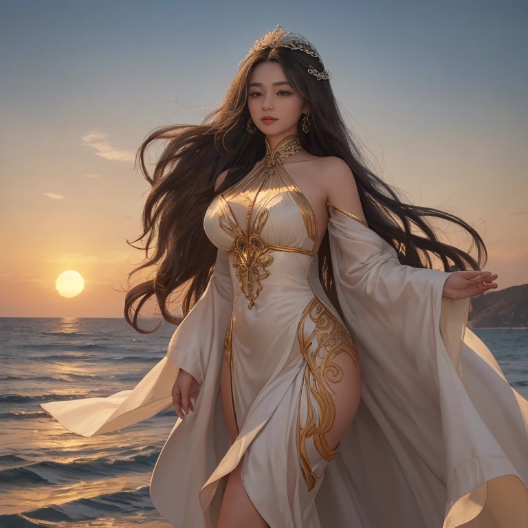 as if lost in thought or deep reflection, emanating an air of mystery and power. The Queen's long, wavy hair, the color of golden strands, flows in the gentle breeze, blending with the waves and adding to the mesmerizing contrast between tranquility and raw power.
The Queen wears a voluminous, flowy robe the color of the setting sun, adorned with intricate patterns that mimic the texture of the waves. The garment clings to her body, revealing her toned, athletic figure, the definition of her muscles, and the curves of her hips and waist.
At her feet, the waves crash against the shore, creating a sym