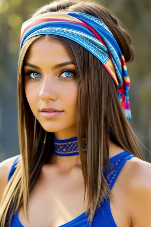 Una chica muy sexy, long light brown hair, ojos azul claro, ,muy sexy y realista , tiene hechas las trenzas .cuerpo completo ,muy realista ,lleva puesta una bandana en la cabeza y ella esta haciendo caras ,