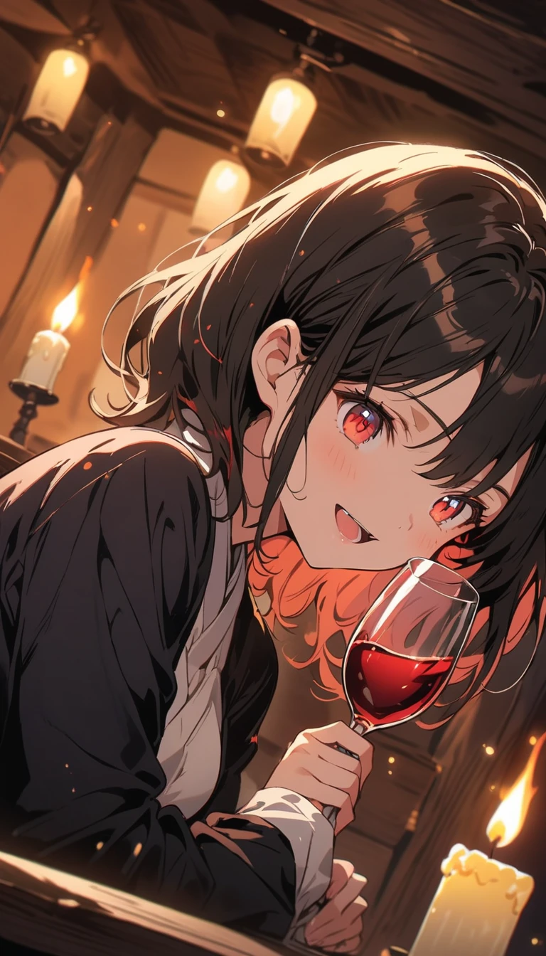 (highest quality、masterpiece、High resolution、detailed)Anime Style、flat style、(Shining Eyes、detailed美しい顔),  BREAK,anime style, super fine illustration, highly detailed, dynamic angle, beautiful detailed, 8k, At night, in a restaurant with a candle-lit ambiance, BREAK a couple sits at a table, happily gazing at each other. BREAK They raise their glasses of wine, toasting to their happiness.