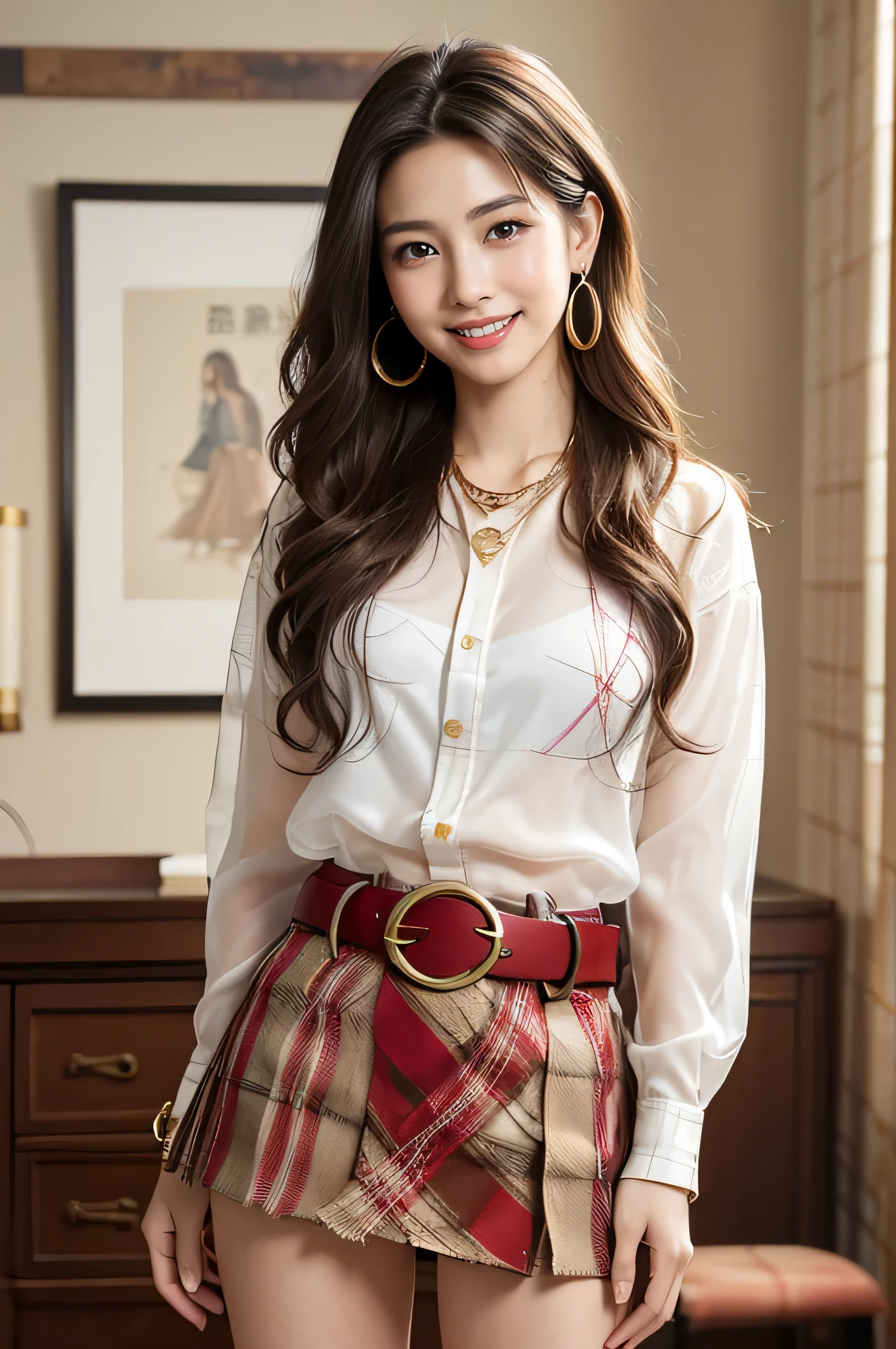 highest quality, masterpiece, 8k, Ultra-high resolution, (Realistic: 1.4), 1 girl, Beautiful Face, Symmetrical eyes, big, Perfect Body Proportions, (((Extra long brown hair:1.2))((Loosely inward wavy hair:1.2)),((Gold Necklace_Large earrings:1.2)), ((White see-through shirt、a belt、a Red tartan check miniskirt:1.3)), The viewer's gaze, (president'office、blurred background), Front view, Absolute area (1.3),A kind smile、Seems kind、Cowboy Shot、((A shy smile:1.3)),