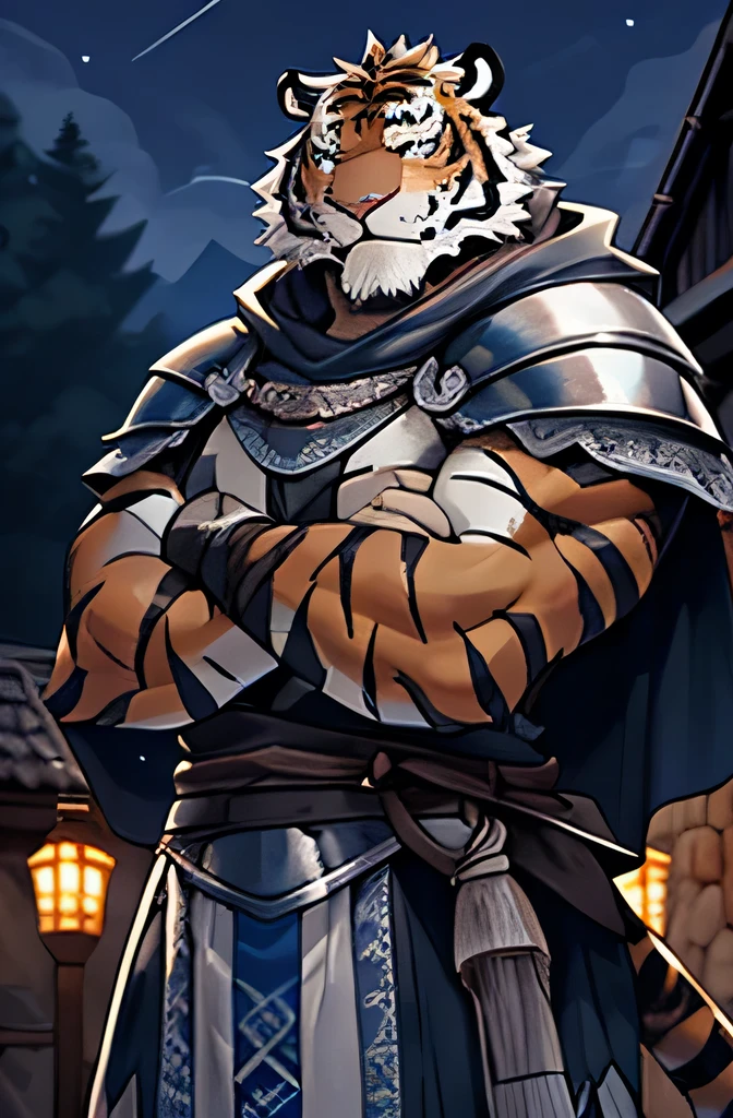 knight sword, (best quality), (masterpiece), (Ultra Detailed), Sharp focus, Niji, Eye contact, Black eyes, Watching_exist_Viewer, Stand with your arms crossed, Smile, hairy, animal_Tiger_ear, light white fur, Brown fur, black beard, Upper Body, anthropology (Tiger), male, (Tiger), middle aged, Scars on the face and hands, Gray body, White belly, muscular, knight costume, village, Ultra Detailed face, Low light, night, night vibes, Tree