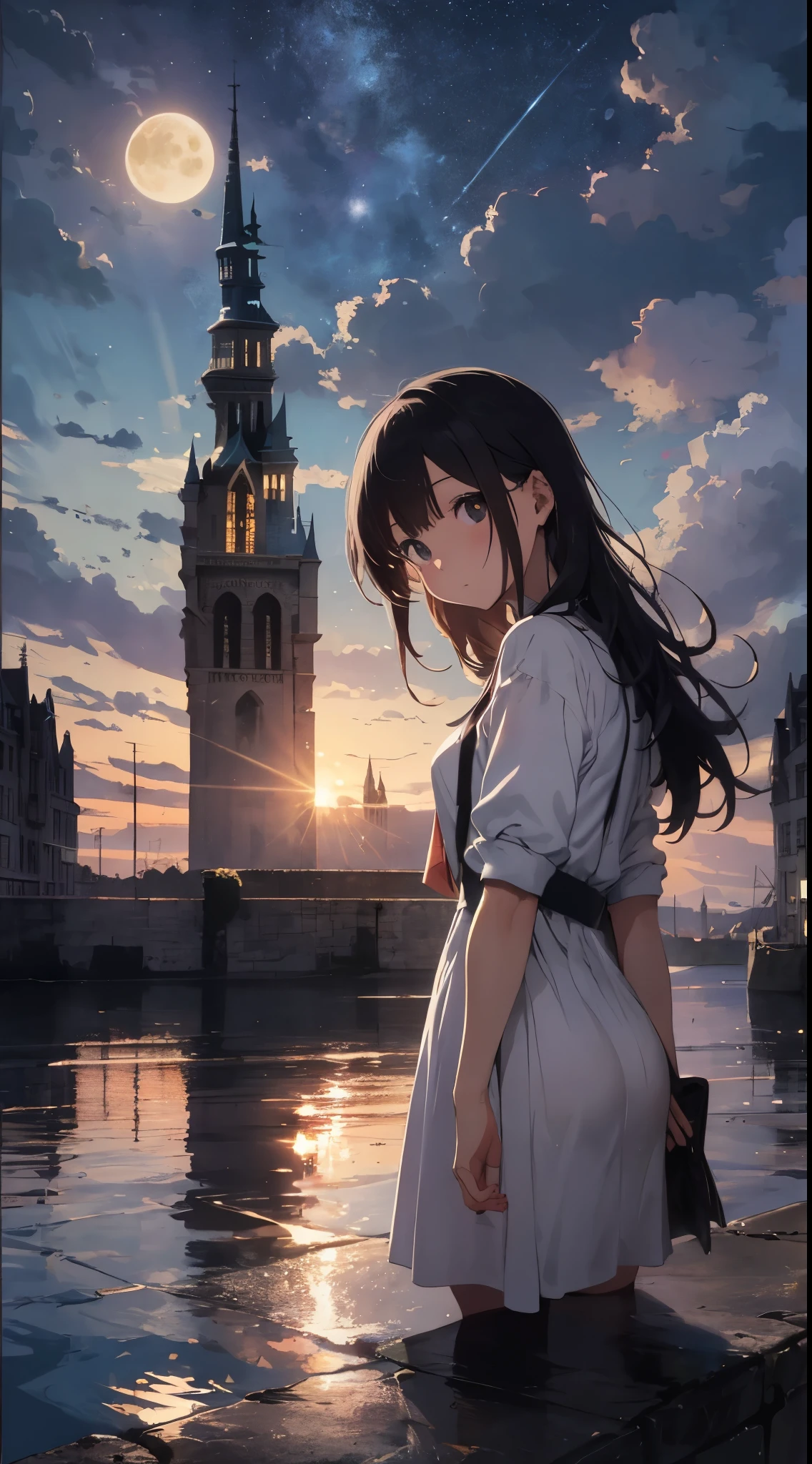 Create a masterpiece image set in Mont Saint-Michel and its bay at night。The scene is enveloped in the soft glow of moonlight、Cast long shadows、Illuminate the ancient architecture of the monastery。This girl is beautiful and adorable。She was exploring the historic site, wide-eyed in surprise。 She wears traditional costume and、The fabric is painted with maximum realism.、Different textures are emphasized。Her skin is also rendered in great detail、Captures subtle changes in texture and color。 The bay around her is calm and、The surface of the water plays the role of a mirror、It reflects the moonlight and the silhouette of Mont Saint-Michel。Delicately depicting the reflection of the water surface、Captures subtle ripples and play of light。 The girl was looking up at the camera curiously.、Gives the impression that the viewer is looking down on her。This sense of perspective is、It can be achieved using the fisheye effect to distort the image to create a wide panoramic or hemispherical view。 The overall quality of the image must be of the highest standard、Emphasis on enhancing the quality of details。The final artwork is、With the innocence of the girl、Mont Saint-Michel and its timeless beauty at night will be a celebration of the bay。