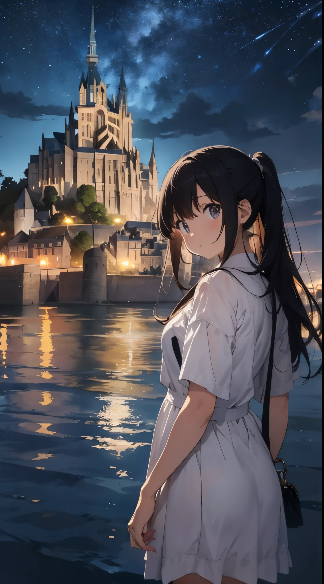 Create a masterpiece image set in Mont Saint-Michel and its bay at night。The scene is enveloped in the soft glow of moonlight、Cast long shadows、Illuminate the ancient architecture of the monastery。This girl is beautiful and adorable。She was exploring the historic site, wide-eyed in surprise。 She wears traditional costume and、The fabric is painted with maximum realism.、Different textures are emphasized。Her skin is also rendered in great detail、Captures subtle changes in texture and color。 The bay around her is calm and、The surface of the water plays the role of a mirror、It reflects the moonlight and the silhouette of Mont Saint-Michel。Delicately depicting the reflection of the water surface、Captures subtle ripples and play of light。 The girl was looking up at the camera curiously.、Gives the impression that the viewer is looking down on her。This sense of perspective is、It can be achieved using the fisheye effect to distort the image to create a wide panoramic or hemispherical view。 The overall quality of the image must be of the highest standard、Emphasis on enhancing the quality of details。The final artwork is、With the innocence of the girl、Mont Saint-Michel and its timeless beauty at night will be a celebration of the bay。