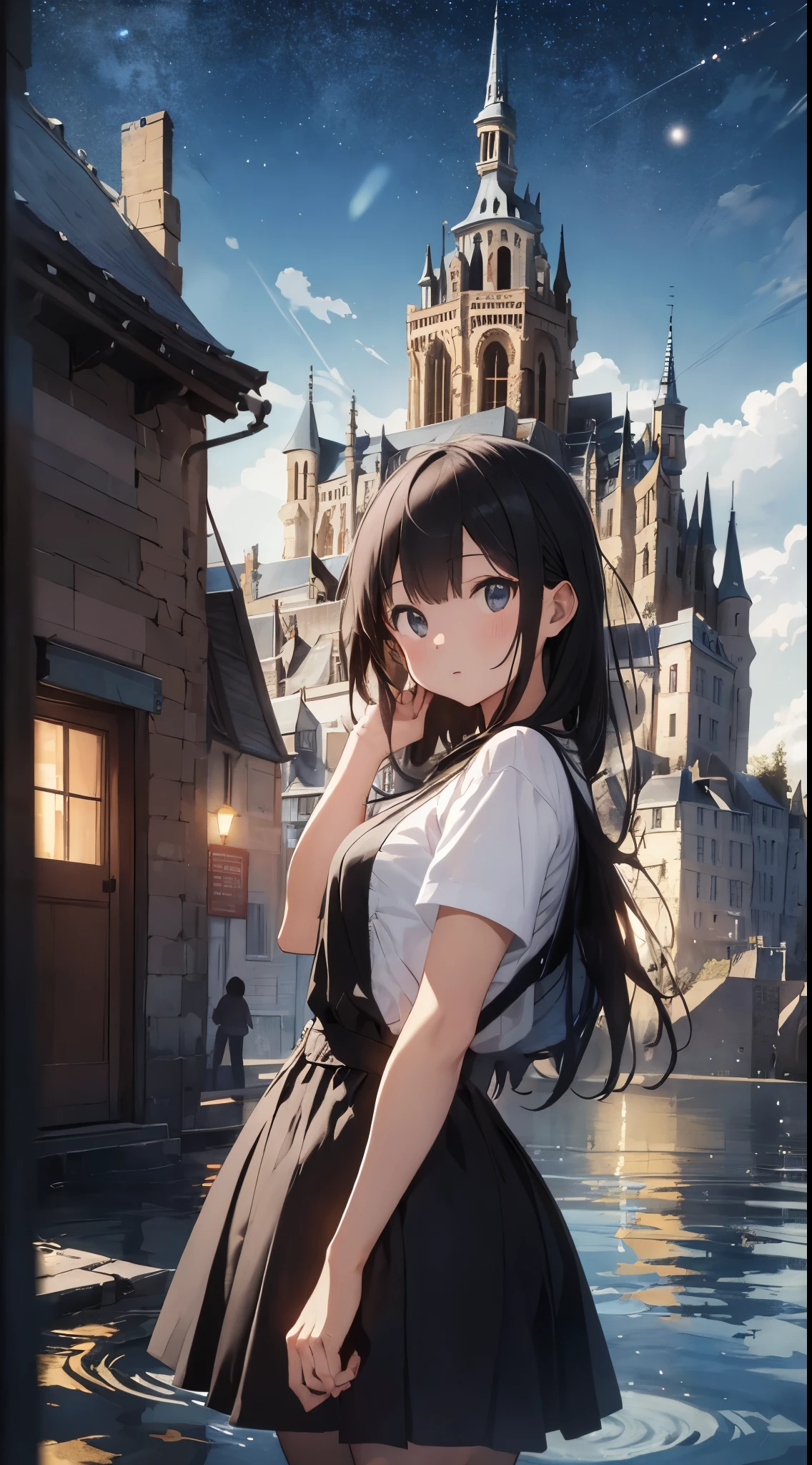 Create a masterpiece image set in Mont Saint-Michel and its bay at night。The scene is enveloped in the soft glow of moonlight、Cast long shadows、Illuminate the ancient architecture of the monastery。This girl is beautiful and adorable。She was exploring the historic site, wide-eyed in surprise。 She wears traditional costume and、The fabric is painted with maximum realism.、Different textures are emphasized。Her skin is also rendered in great detail、Captures subtle changes in texture and color。 The bay around her is calm and、The surface of the water plays the role of a mirror、It reflects the moonlight and the silhouette of Mont Saint-Michel。Delicately depicting the reflection of the water surface、Captures subtle ripples and play of light。 The girl was looking up at the camera curiously.、Gives the impression that the viewer is looking down on her。This sense of perspective is、It can be achieved using the fisheye effect to distort the image to create a wide panoramic or hemispherical view。 The overall quality of the image must be of the highest standard、Emphasis on enhancing the quality of details。The final artwork is、With the innocence of the girl、Mont Saint-Michel and its timeless beauty at night will be a celebration of the bay。