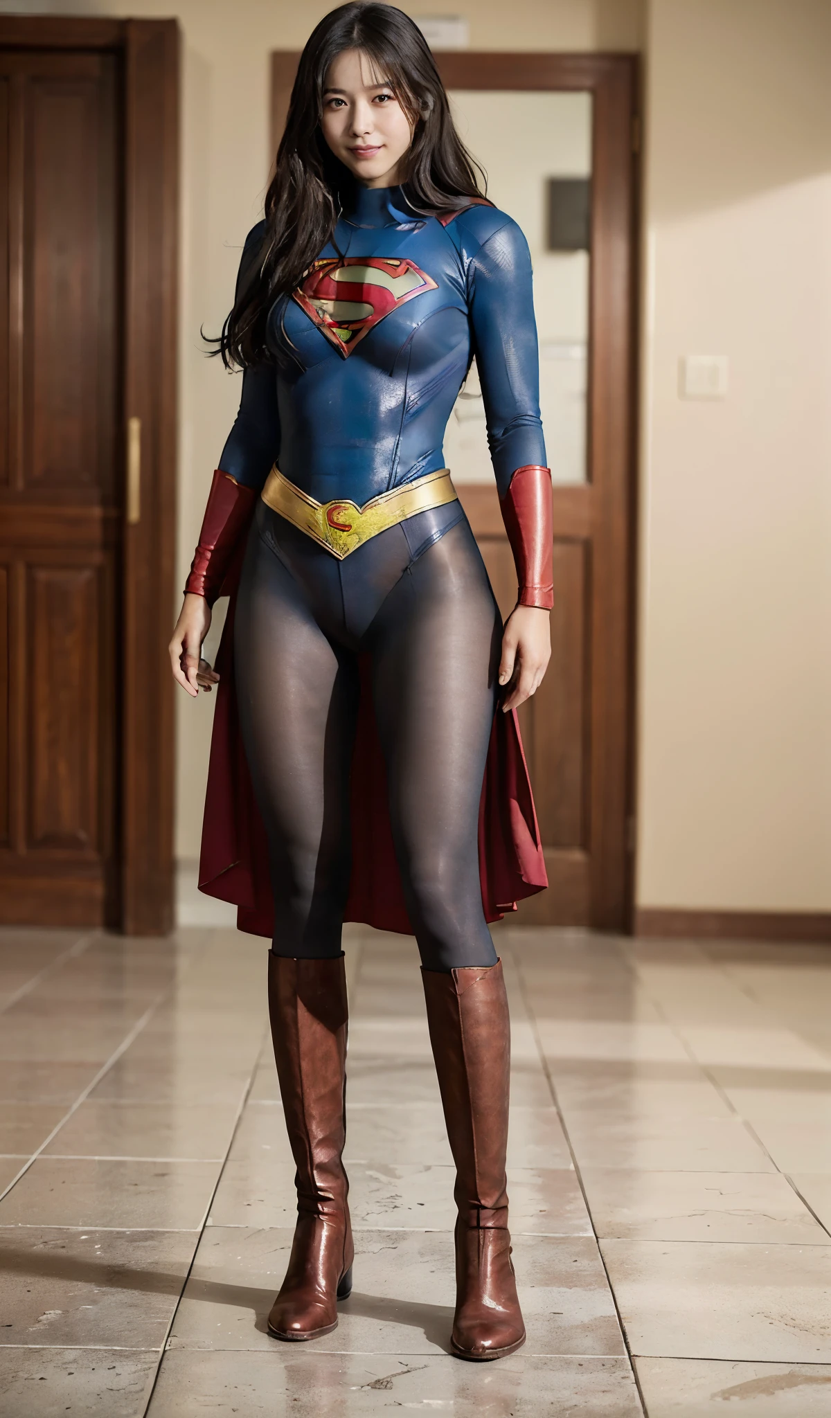 No background、(((Beautiful legs in black tights.)))、(((Legally express the beauty of your smile)))、((((Make the most of your original images)))、(((Supergirl Costume)))、(((Beautiful Hair)))、(((suffering)))、(((Please wear black tights....、Wear red boots)))、((Best image quality、8K))、((highest quality、8K、masterpiece:1.3))、(((keep background )))、Sharp focus:1.2、Beautiful woman with perfect figure:1.4、Thin abdominal muscles:1.2、Wet body:1.5、Highly detailed face and skin texture、8K