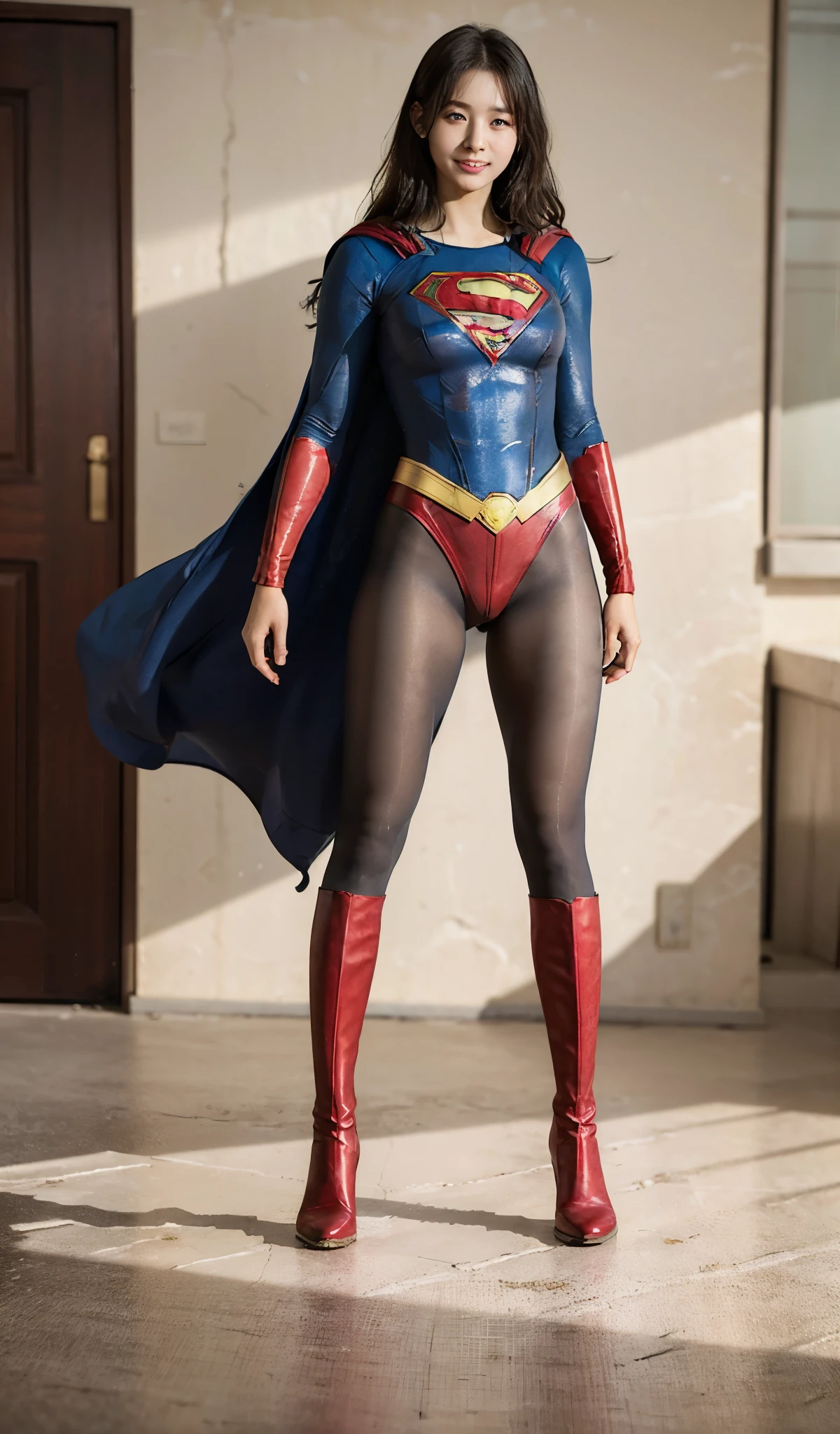 No background、(((Beautiful legs in black tights.)))、(((Legally express the beauty of your smile)))、((((Make the most of your original images)))、(((Supergirl Costume)))、(((Beautiful Hair)))、(((suffering)))、(((Please wear black tights....、Wear red boots)))、((Best image quality、8K))、((highest quality、8K、masterpiece:1.3))、(((keep background )))、Sharp focus:1.2、Beautiful woman with perfect figure:1.4、Thin abdominal muscles:1.2、Wet body:1.5、Highly detailed face and skin texture、8K