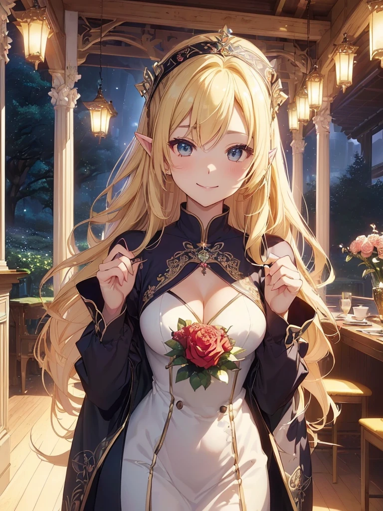 最high quality、Best image quality、masterpiece、Beautiful Face、、Titania、Super beautiful elf girl((22 year old office lady big bust、Bust 90,Beautiful long ironed hair、blonde、height: 165cm。thin、Beautiful dress、cowboy shot,、Esbian、dinner、dinner、Sumptuous cuisine、a lotの食べ物、table、tea、spring、Sunrise、night、star、Milky Way、starrynight.high quality、美しいart、、Pieces fly、ビジュアルart、Depth of written border、flowerの冠、ライトのmagic、universe、Happy smile、gentle lights、Beautiful Forest、、、elegant、ticker beautiful decorative、、、mystery的な　Rosa、Rose、　null、art、Lord of the Ring、Spectacular scenery、sexy、A friendly smile、Wonderful nature、universeのmagic、magicのライト、Fantasy、flower、super REALITYa lotのRose、magic、Grow Fantasy、、mysteryのライト、Art Nouveau、Alphonse　a lot、、art、art,mystery,UHD,magicalgentle light,sexy