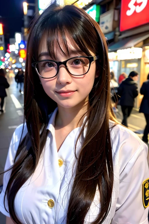 ((highest quality)), ((masterpiece)), (detailed), Perfect Face Long Hair bangs White Uniform Glasses Tokyo night view Ameyoko street vendors