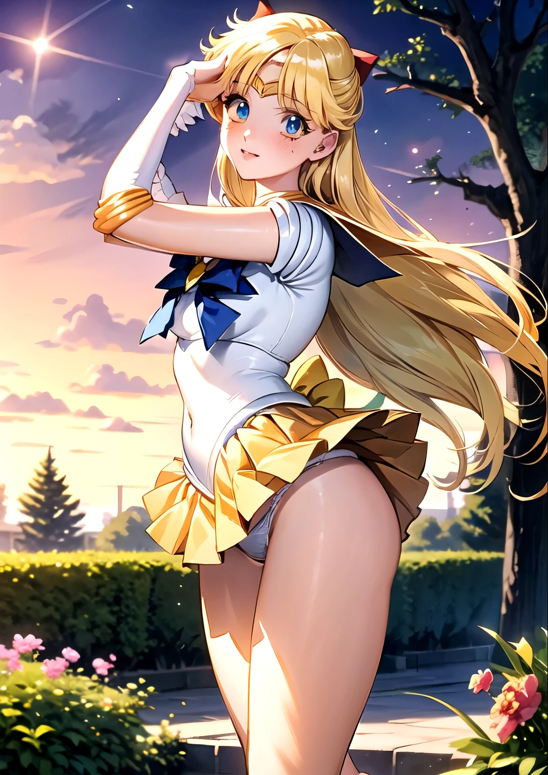 ((Sailor Venus:1.3)), ((Yellow mini skirt:1.3)), ((Red ribbon in hair:1.5)), ((highest quality, High resolution, Hmph, Perfect Pixel, 16K, Hmph, Hmph))), One Girl, single, alone, Beauty、((The whole body is visible:1.5))、((Detailed face, Blushing:1.2)), ((Smooth texture:0.75, Realistic texture:0.65, Realistic:1.3, Anime CG Style)), Medium chest, Dynamic Angle, Perfect body,garden、Very embarrassing panic smile、、Angle from below, Thick lips, ((Showing panties:1.3)), Perfect Fingers According to Human Anatomy:1.5