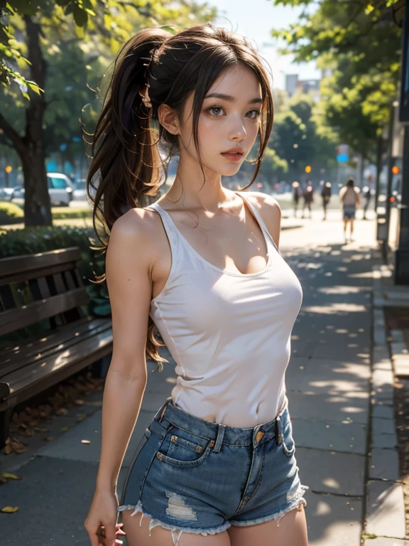 (((HD photo))), ultra high res.photorealistic:. 1.4, UHD, masterpiece, trending on artstation, portrait, full body shot, 1girl, pretty, cute face, most beautiful in the world, cleavage, soft, delicate, (long brown hair in a ponytail ), perfect figure, :1.2),, sunkissed, in a park , sfw , wearing very short jean shorts , white tank top , tiny waste showing