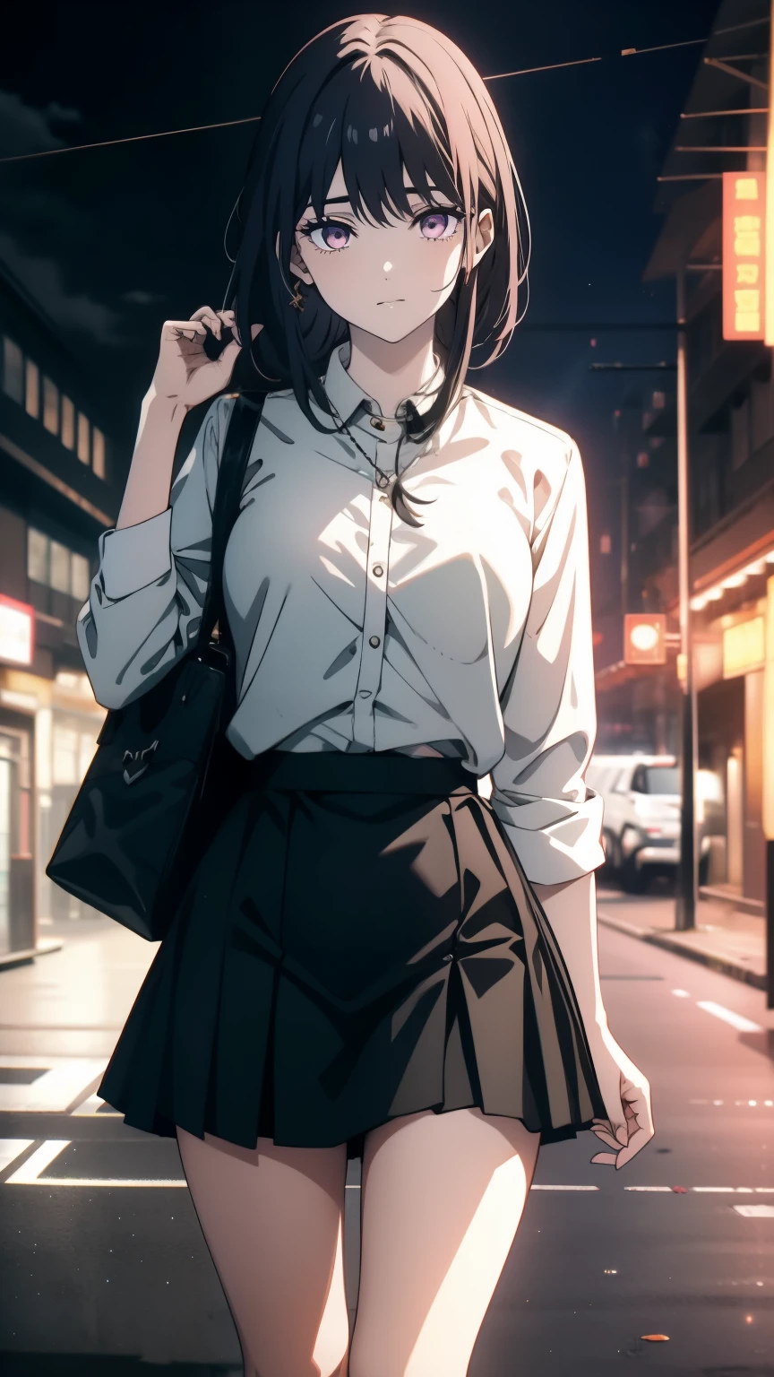 ((Masterpiece)), Realistic, 4K, high quality, Kawaii, Cute, 1 girl, solo, Black Long hair, Half grown hair, bangs, hair ornament, Violet eyes, close view, from adove, serious, ((Night in road city)), 18 years old, teen, ((High uniform)), ((short black skirt and panythose)), Medium breasts, ((Walk on night road city)), ((BREAK half body with Background style lora)), natural view, (City lighting.1:0), (Realistic light.1:0), (Schoolgirl bag), ((City Natural style))