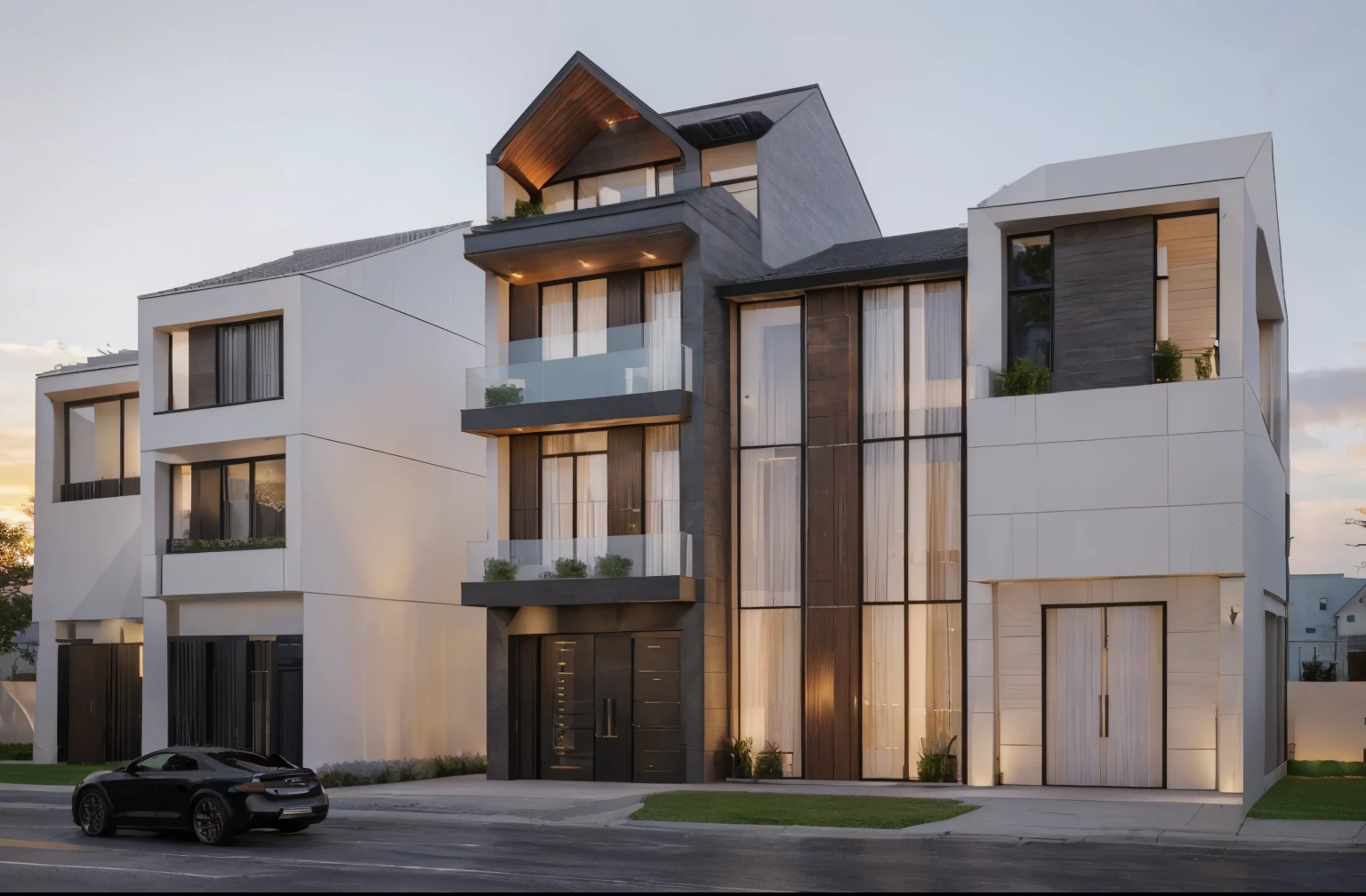 villa modern, night, Realistic, exterior, sunlight, house, the car on street in front of house, RAW photo, 8k uhd, dslr, (high detailed skin:1.3), soft lighting, ultra quality, film grain, Fujifilm XT3, sharp image, best quality, authentic, high quality,