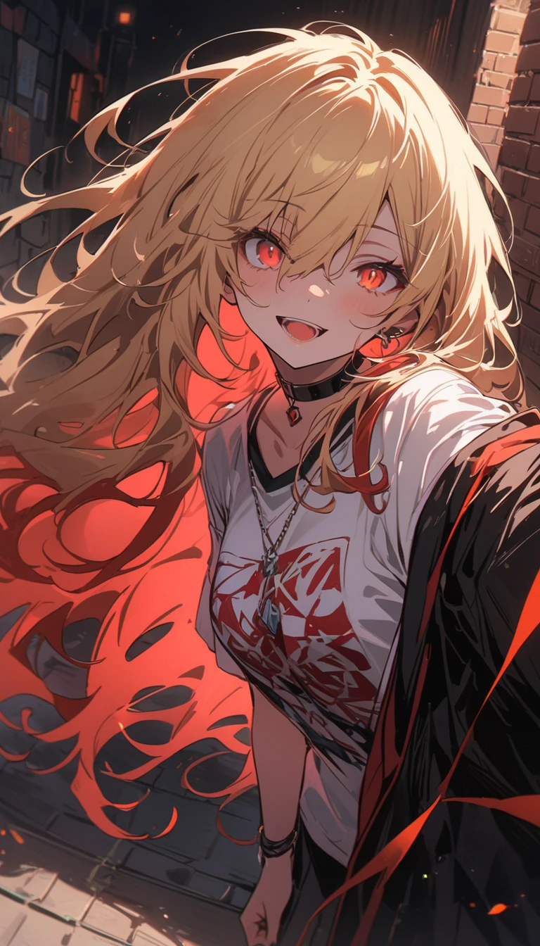 超8K masterpiece, ((非常にdetailedな背景, Delicate pattern, 複雑なdetailed)), highest quality, 複雑なdetaileds, chromatic aberration, One girl, Long Hair, Blonde, Messy Hair, Red highlights, Hair on one eye, Sharp eyes, choker, Brick wall, graffiti, Dim lighting, alley, Oversized shirt,Off the shoulder, Sheer white shirt, masterpiece, highest quality、(highest quality、masterpiece、High resolution、detailed)Anime Style、flat style、(Shining Eyes、detailed美しい顔), BREAK,Full Body、Dynamic Angles