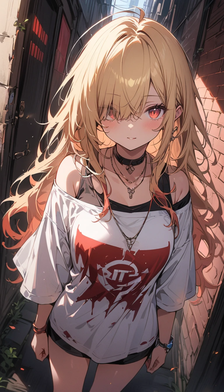 超8K  masterpiece, ((非常にdetailedな背景, Delicate pattern, 複雑なdetailed)), highest quality, 複雑なdetaileds, chromatic aberration, One girl, Long Hair, Blonde, Messy Hair, Red highlights, Hair on one eye, Sharp eyes, choker, Brick wall, graffiti, Dim lighting, alley, Oversized shirt,Off the shoulder, Sheer white shirt, masterpiece, highest quality、(highest quality、masterpiece、High resolution、detailed)Anime Style、flat style、(Shining Eyes、detailed美しい顔),  BREAK,Full Body、Dynamic Angles