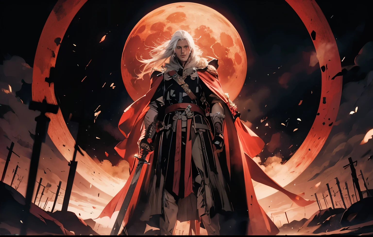 A white-haired man holding a long sword，Wearing a red cape，Standing under a blood-red moon，The blood-red ground beneath my feet，Countless weapons are stuck in the ground，There is still a raging war in the distance behind，There is a huge eye on the left side of the moon，To the right of the moon there is a monster with a huge mouth open