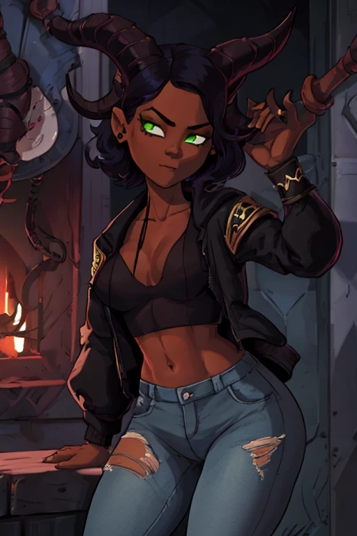 (Masterpiece) (High Detail) (High Res) (Black Skin) Looking from above A young black humanoid FutEred with dark skin and ebony flesh and green eyes and short scruffy black hair and goat ears and short dark goat horns and a toned body and small to average breasts and dressed like a punk wearing a red jacket and black jean pants on