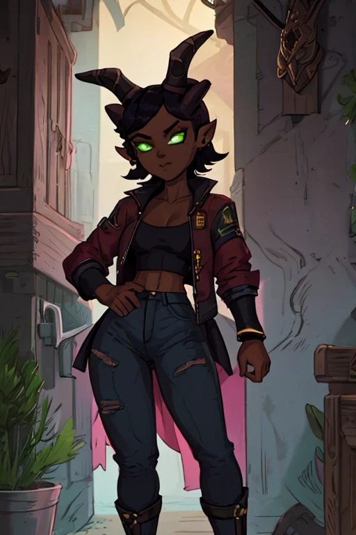 (Masterpiece) (High Detail) (High Res) (Black Skin) Looking from above A young black humanoid FutEred with dark skin and ebony flesh and green eyes and short scruffy black hair and goat ears and short dark goat horns and a toned body and small to average breasts and dressed like a punk wearing a red jacket and black jean pants on