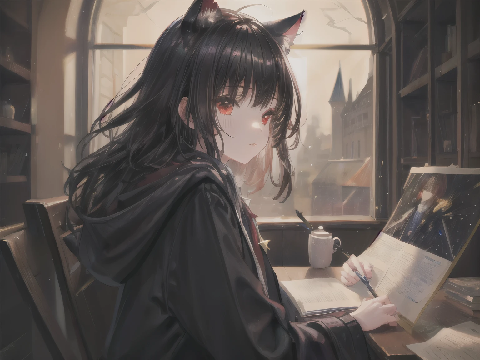 1girl long black hair with bangs and cat ears and red eyes in magic castle with blinking stars，Harry Potter y Van Gogh&#39;the dream collaboration，Oil paint brush strokes